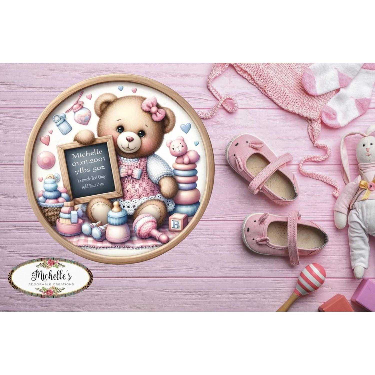 Shop For Baby Girl Bear Announcement Round Sign at Michelle's aDOORable Creations