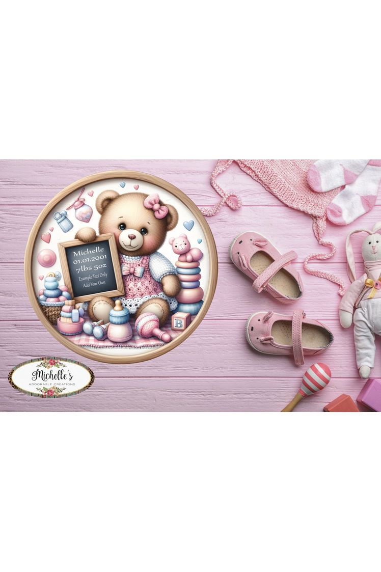 Shop For Baby Girl Bear Announcement Round Sign at Michelle's aDOORable Creations