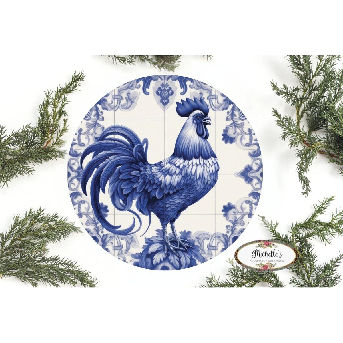 Shop For Blue Azulejo Rooster Round Sign at Michelle's aDOORable Creations