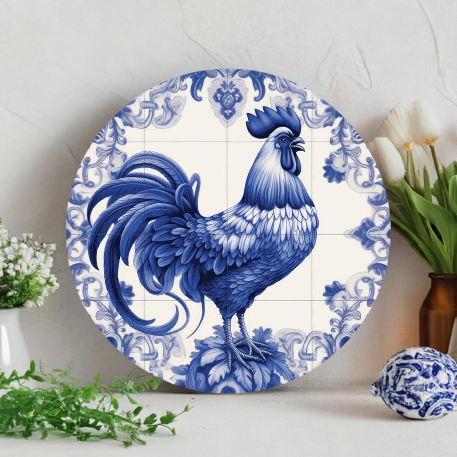 Blue Azulejo Rooster Round Sign