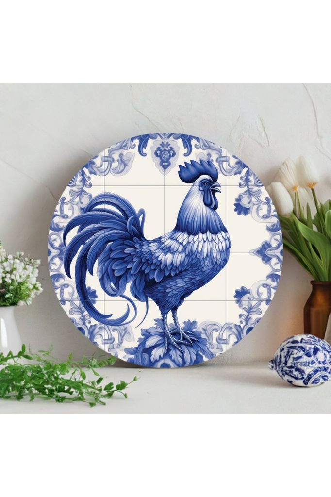 Blue Azulejo Rooster Round Sign - Michelle's aDOORable Creations - Signature Signs