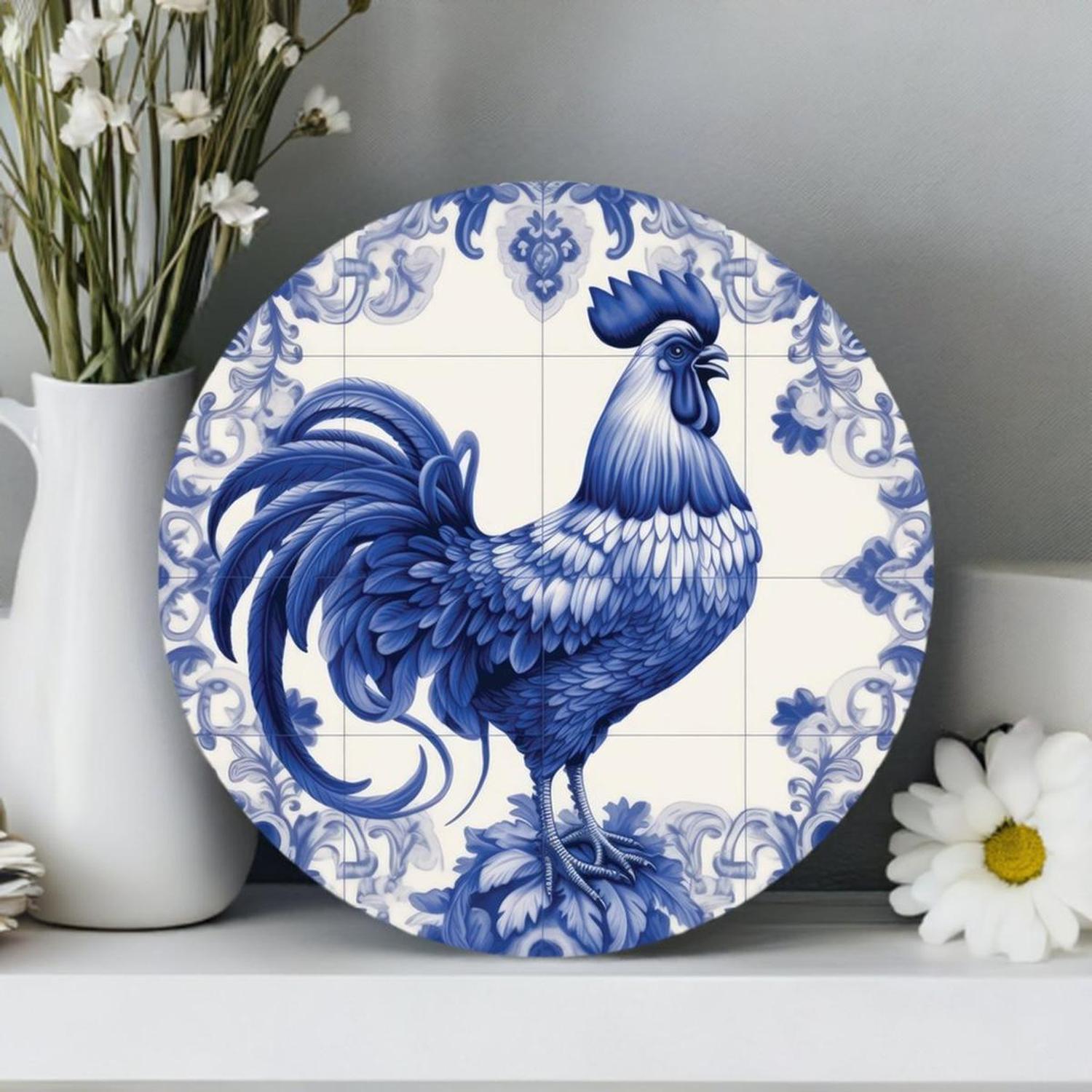 Shop For Blue Azulejo Rooster Round Sign at Michelle's aDOORable Creations