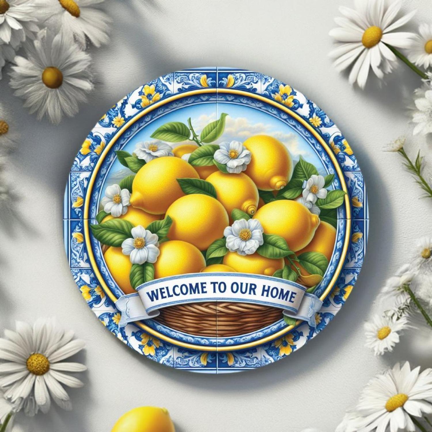 Blue Welcome To Our Home Lemon Round Sign
