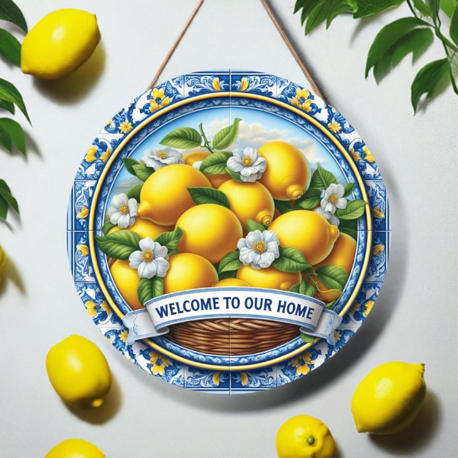 Blue Welcome To Our Home Lemon Round Sign