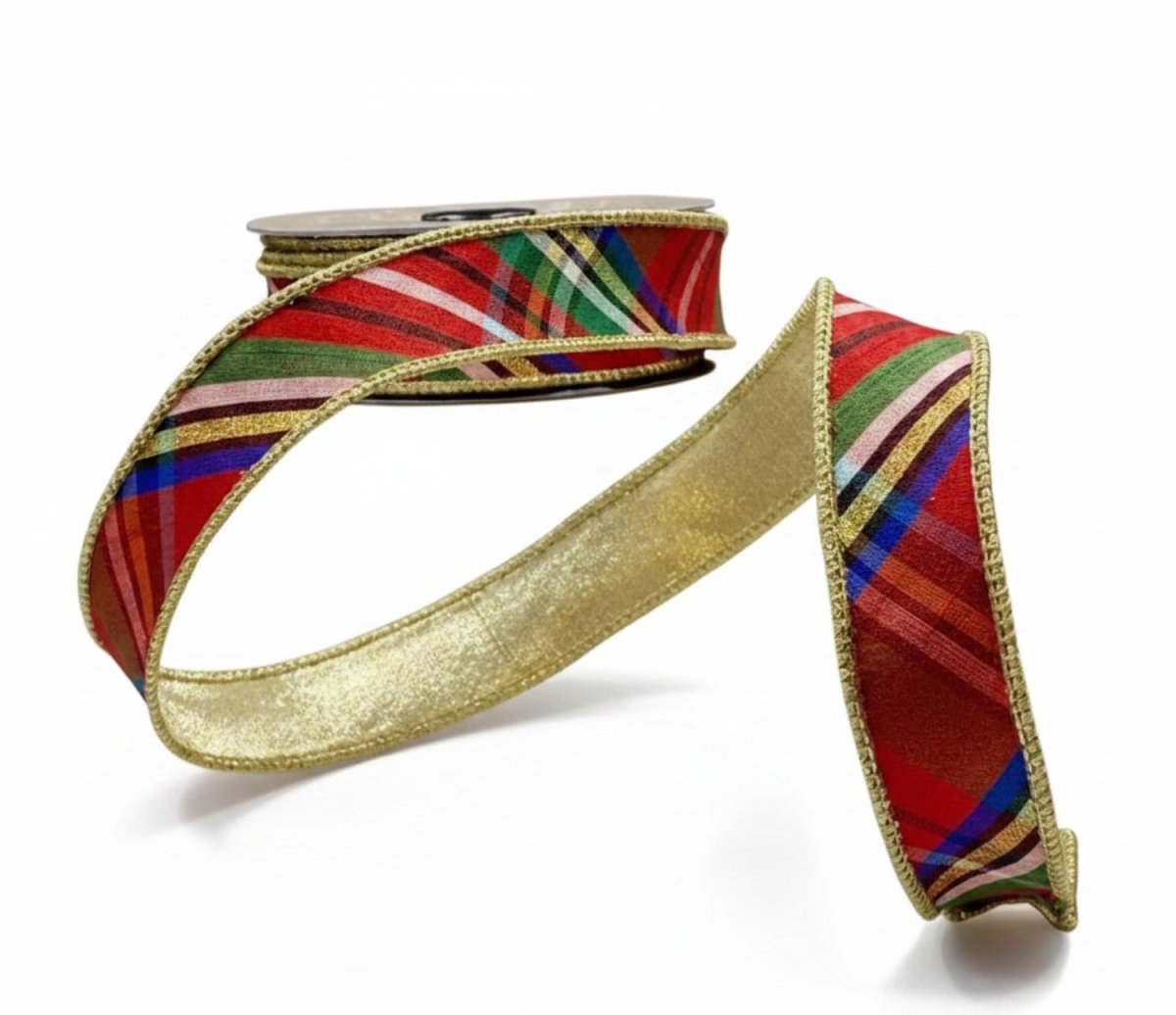 Shop For 1" Faux Dupioni Gold Back Diagonal Nutcracker Plaid Ribbon (10 Yards)