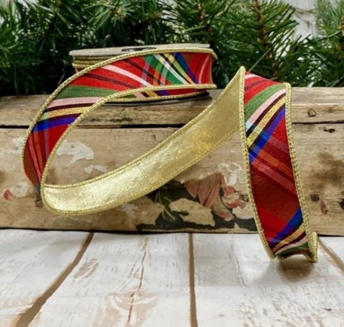 Shop For 1" Faux Dupioni Gold Back Diagonal Nutcracker Plaid Ribbon (10 Yards)