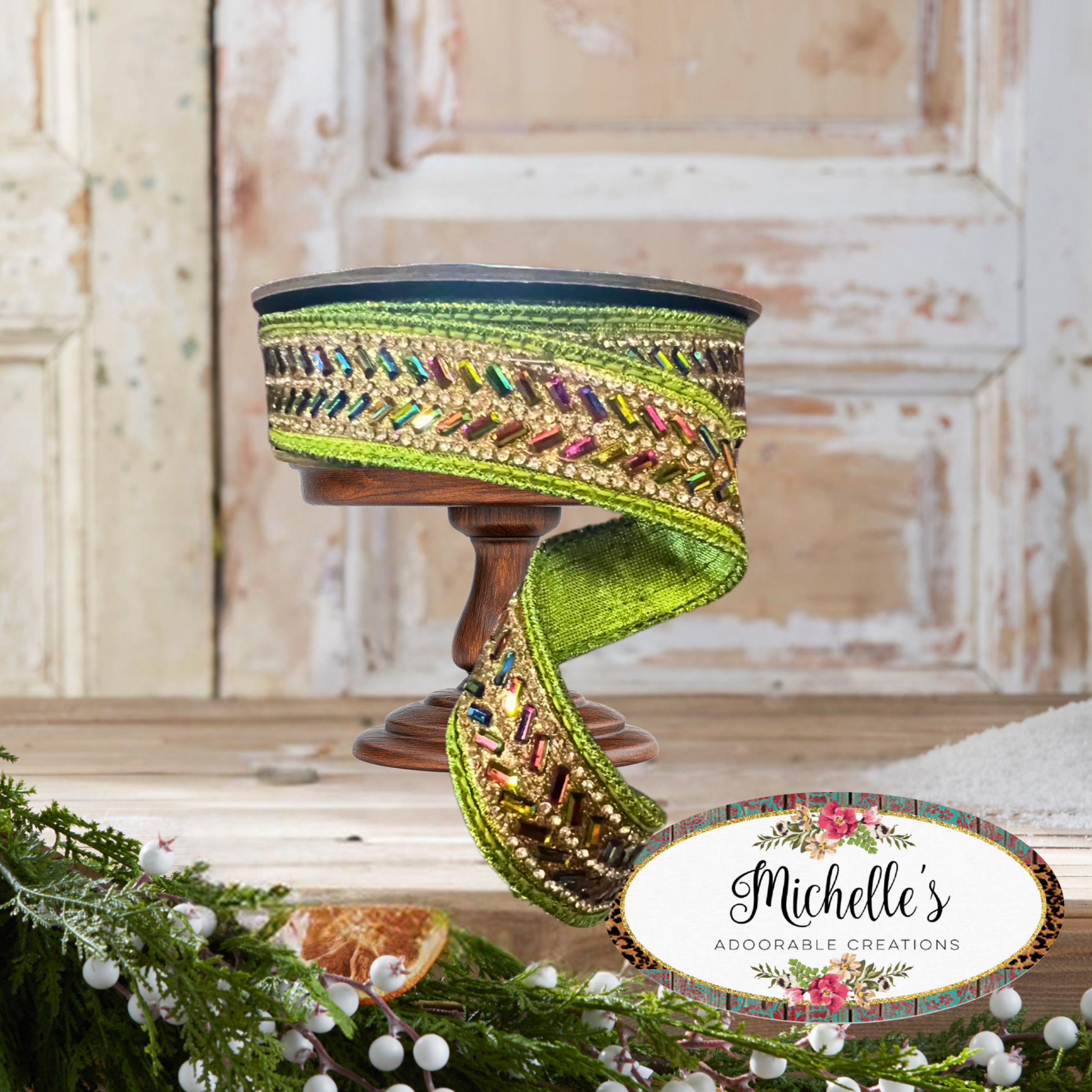 Shop For 1" Metallic Dupion Herringbone Jewel Ribbon: Lime (5 Yards)