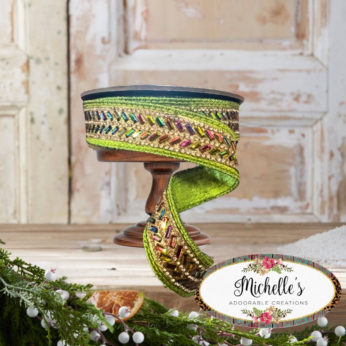 Shop For 1" Metallic Dupion Herringbone Jewel Ribbon: Lime (5 Yards)