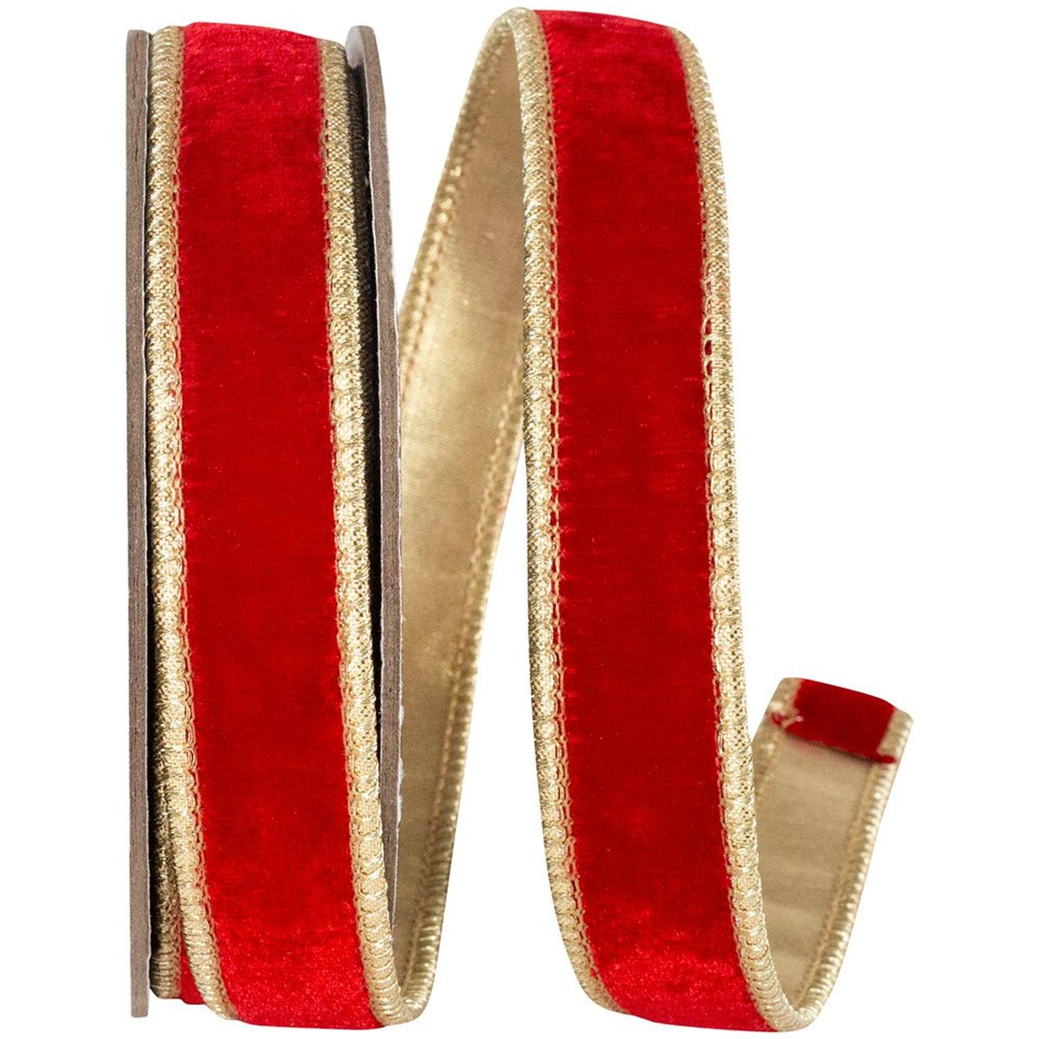1" Two Tone Velvet Ribbon: Red/Gold (5 Yards)