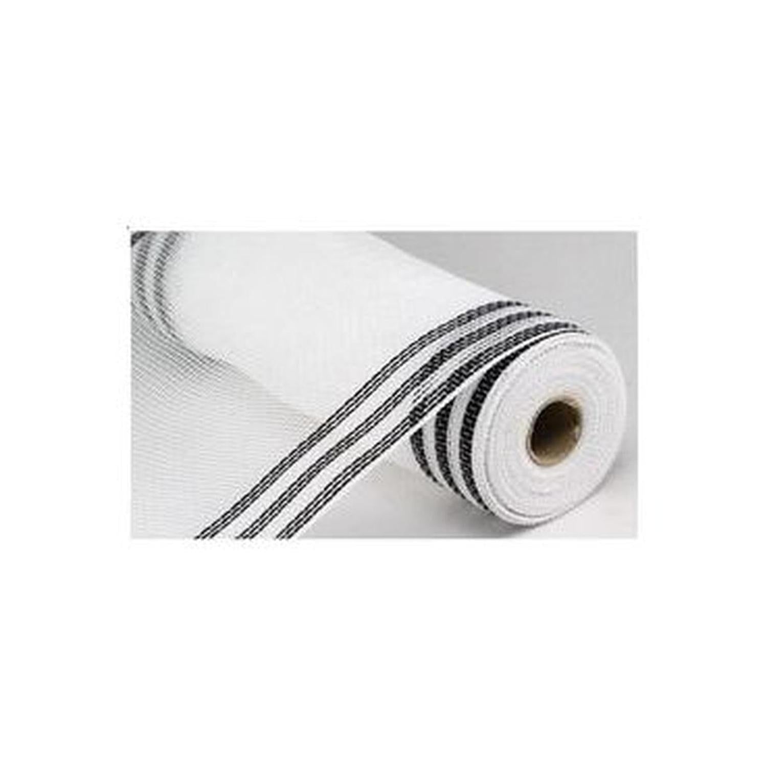 10" Border Stripe Faux Jute Mesh Ribbon: White/Black (10 Yards)