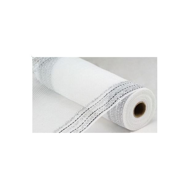 Shop For 10" Border Stripe Faux Jute Mesh Ribbon: White/Silver (10 Yards) at Michelle's aDOORable Creations