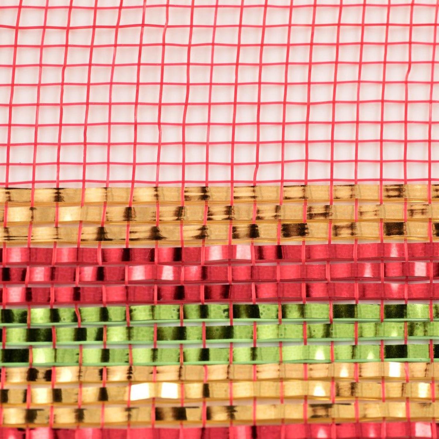 10" Border Stripe Metallic Mesh Ribbon: Red/Lime/Gold (10 Yards)
