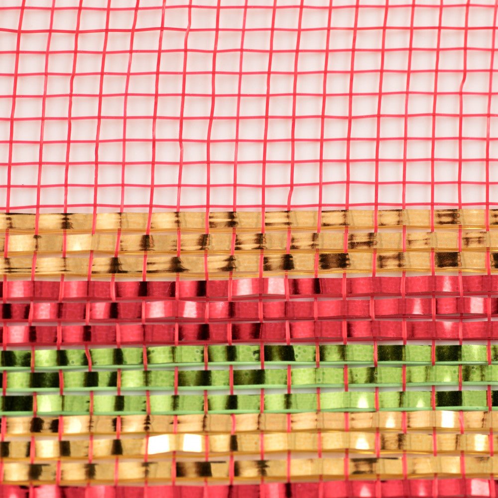 Shop For 10" Border Stripe Metallic Mesh Ribbon: Red/Lime/Gold (10 Yards) at Michelle's aDOORable Creations