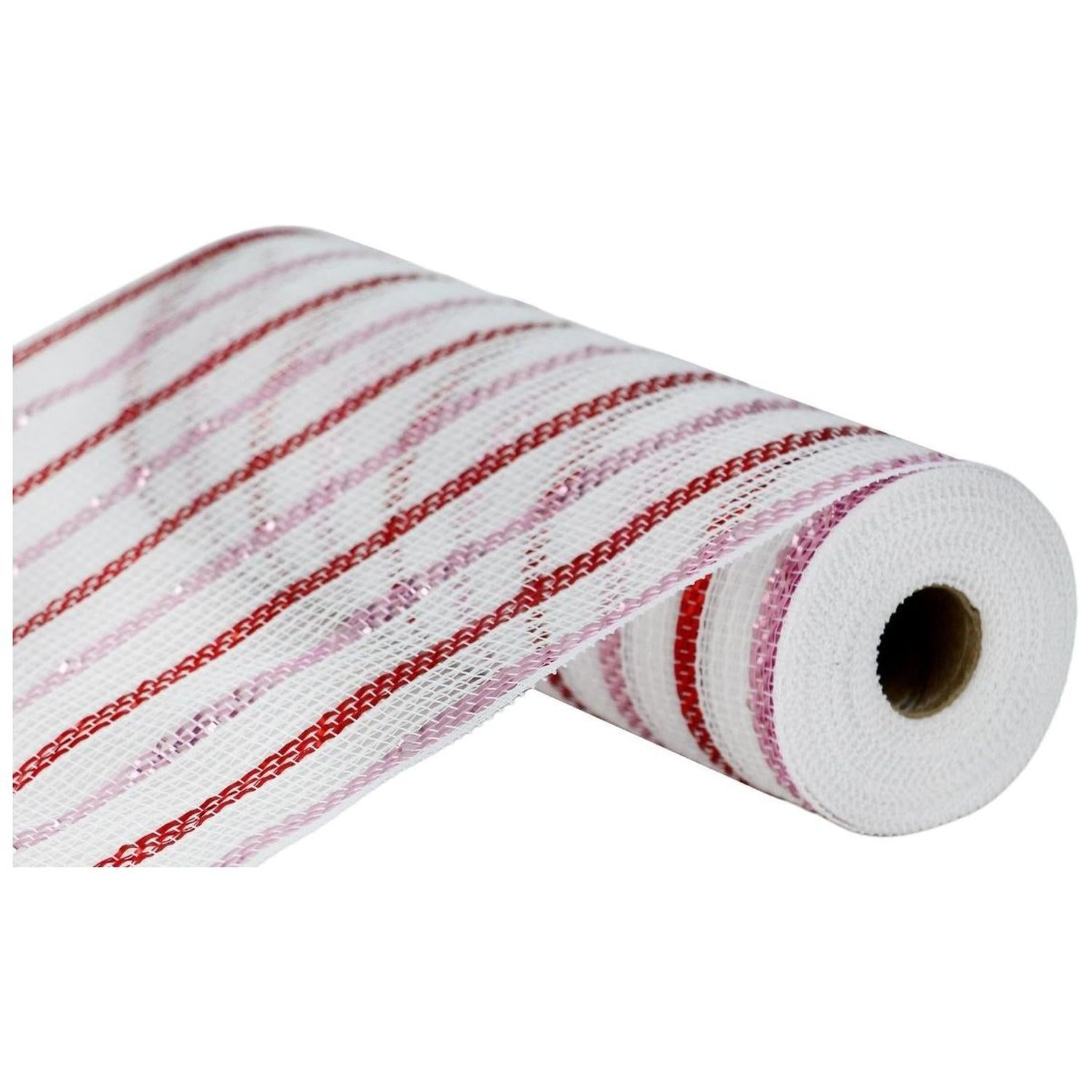 10" Poly Faux Jute Metallic Mesh Ribbon: White/Pink/Red (10 Yards)