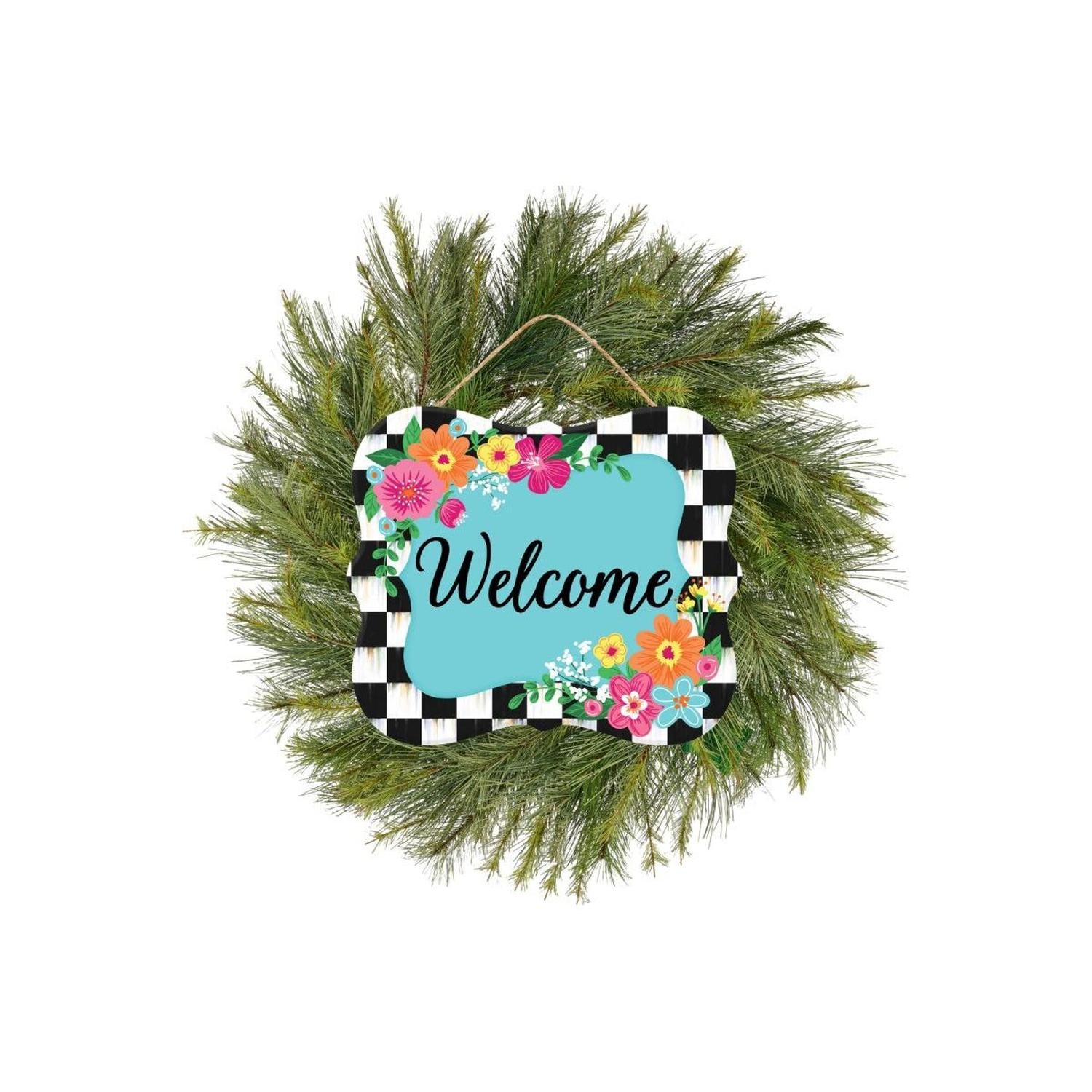 10" Scalloped Wooden Sign: Welcome Blue Checker