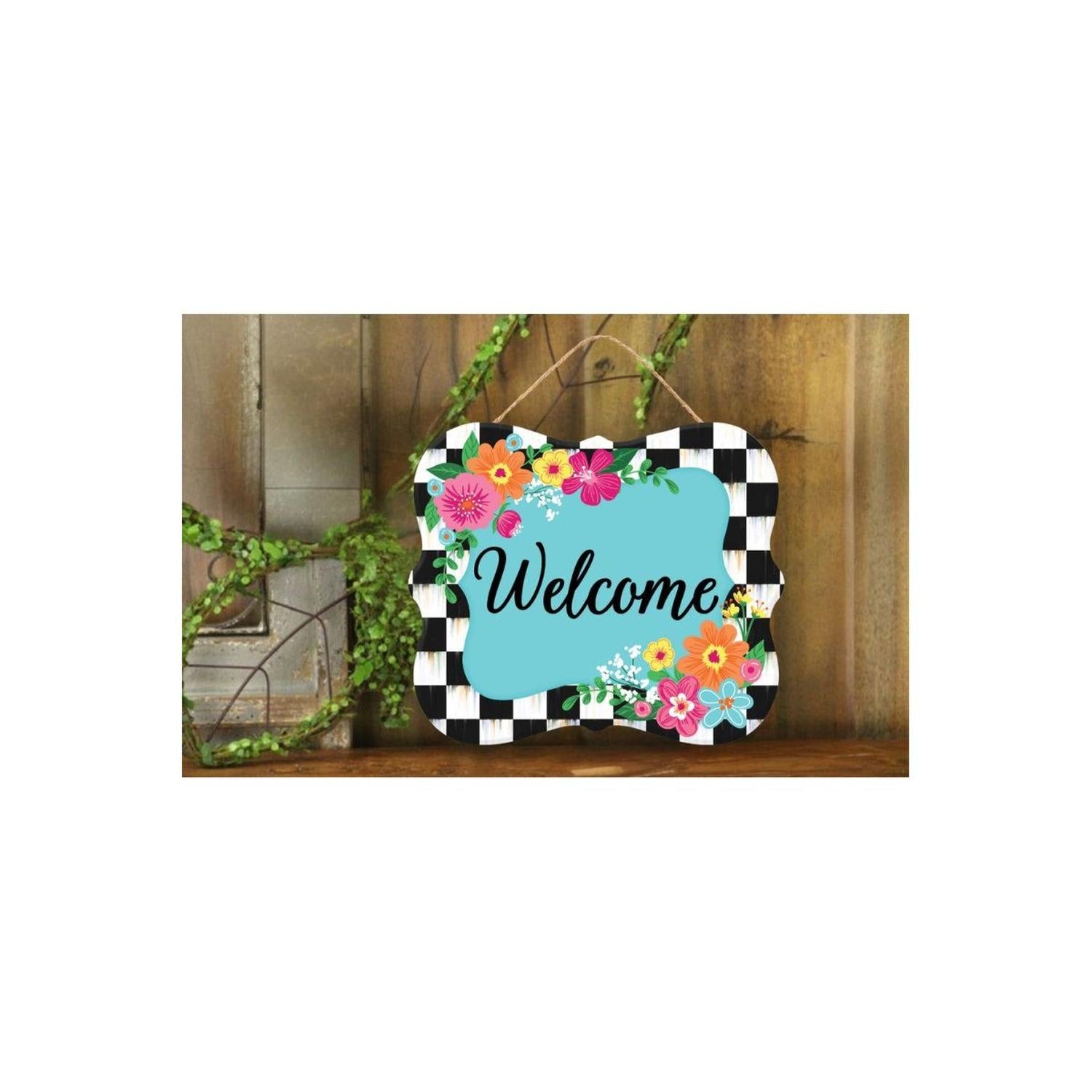 10" Scalloped Wooden Sign: Welcome Blue Checker