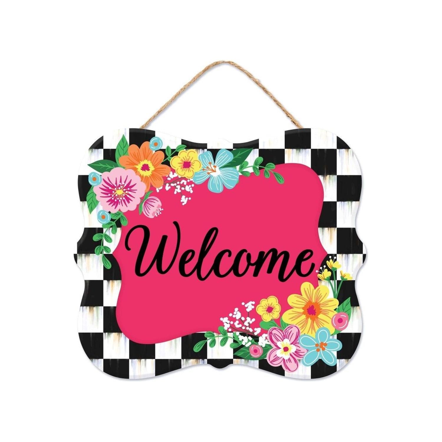 10" Scalloped Wooden Sign: Welcome Hot Pink Checker