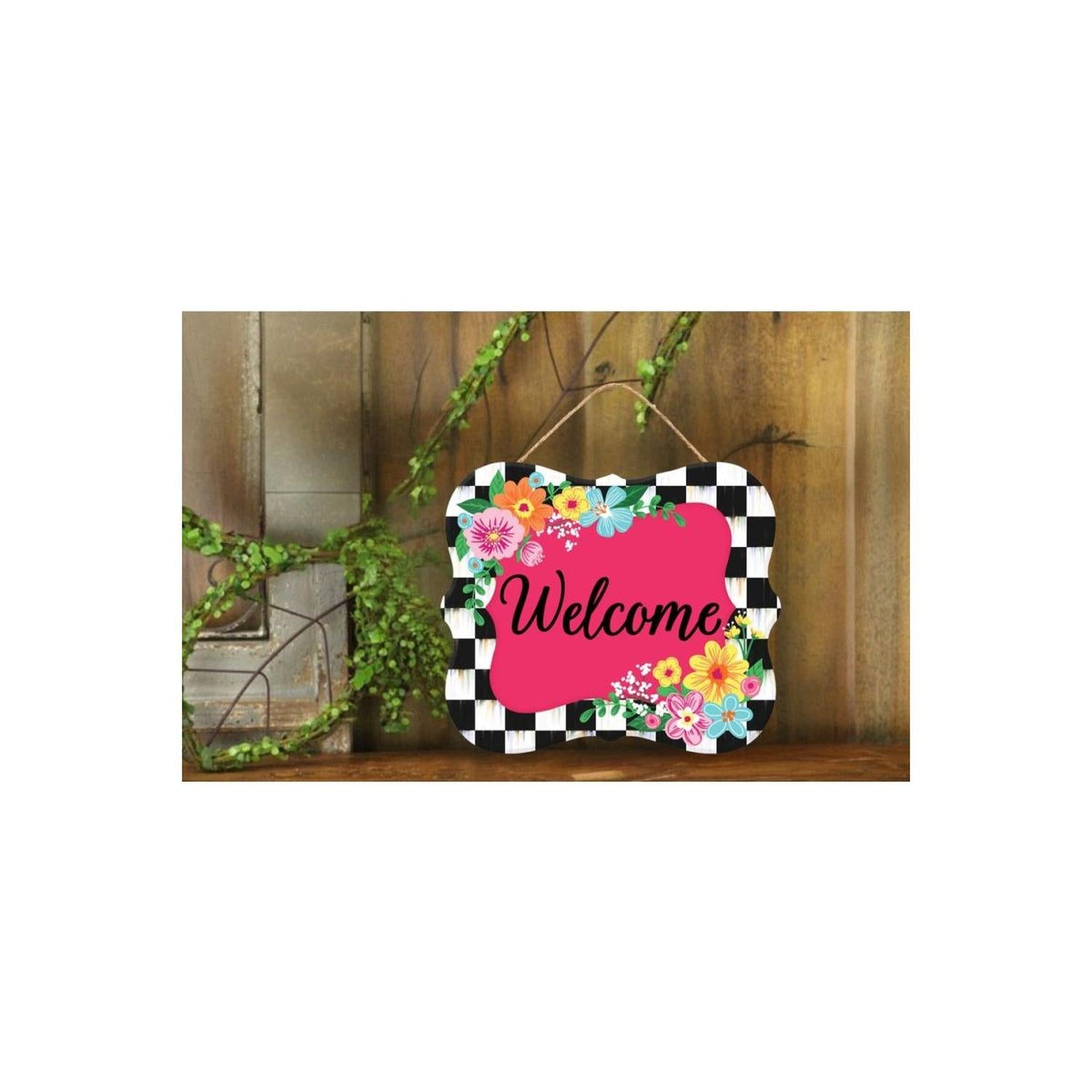 10" Scalloped Wooden Sign: Welcome Hot Pink Checker