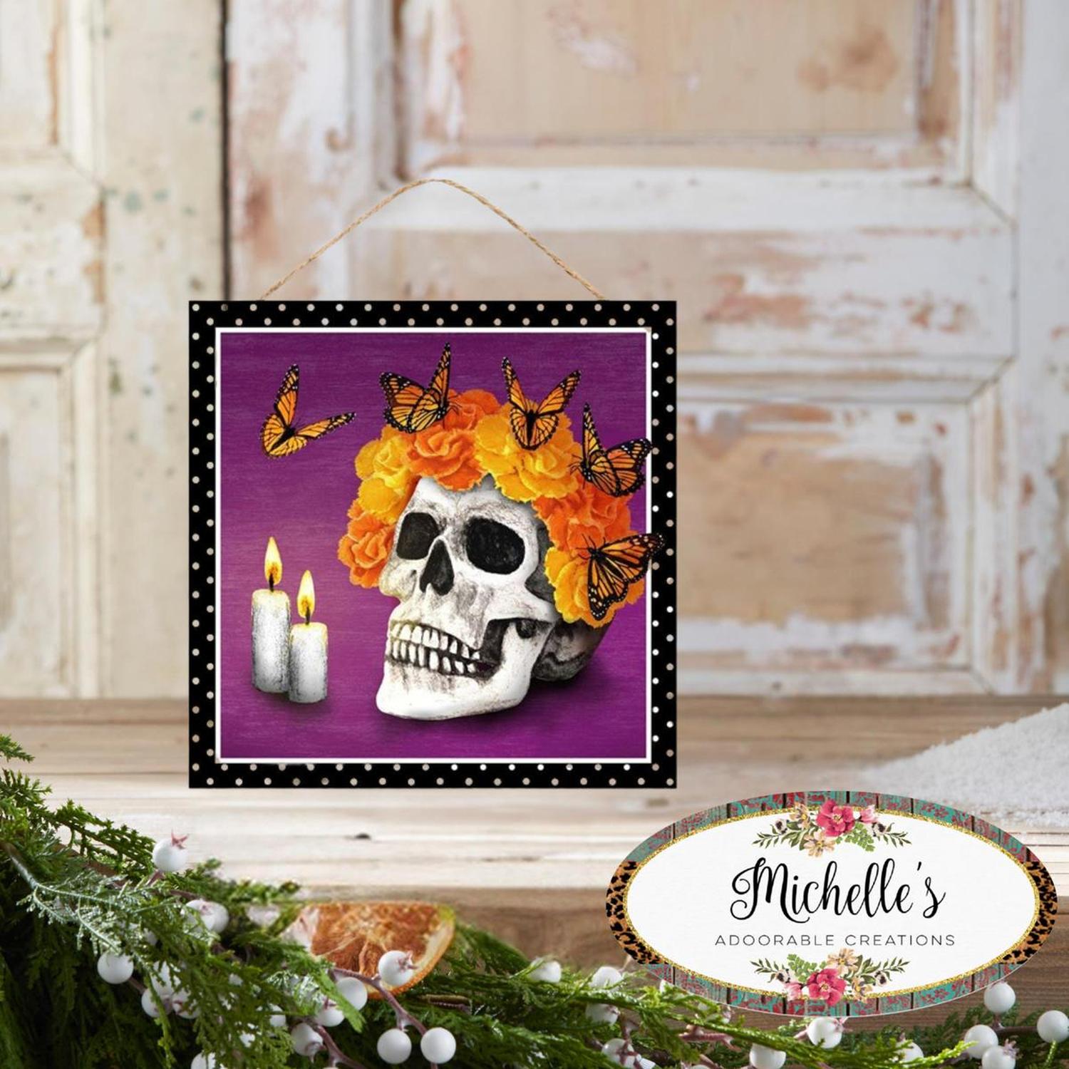 Shop For 10" Wooden Sign: Skull and Butterflies