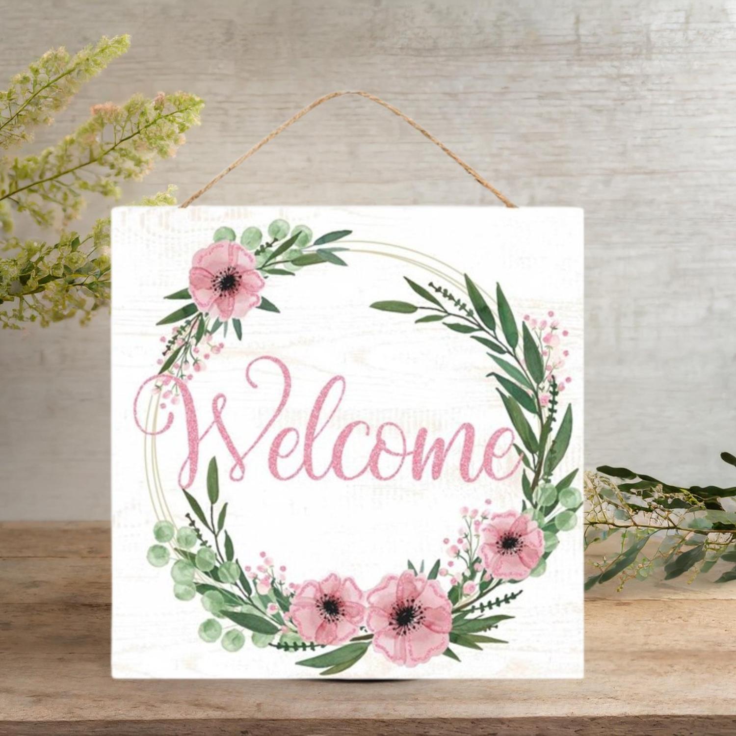 10" Wooden Sign: Welcome Floral (White)