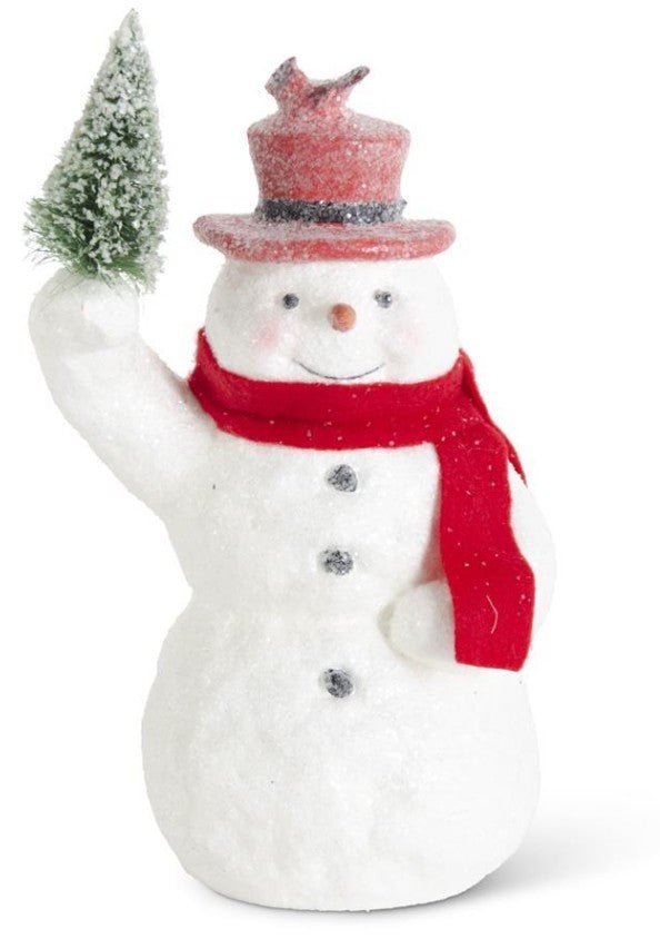 Shop For 10.25in Sugar Glittered Snowman Holding Tree w/Red Top Hat