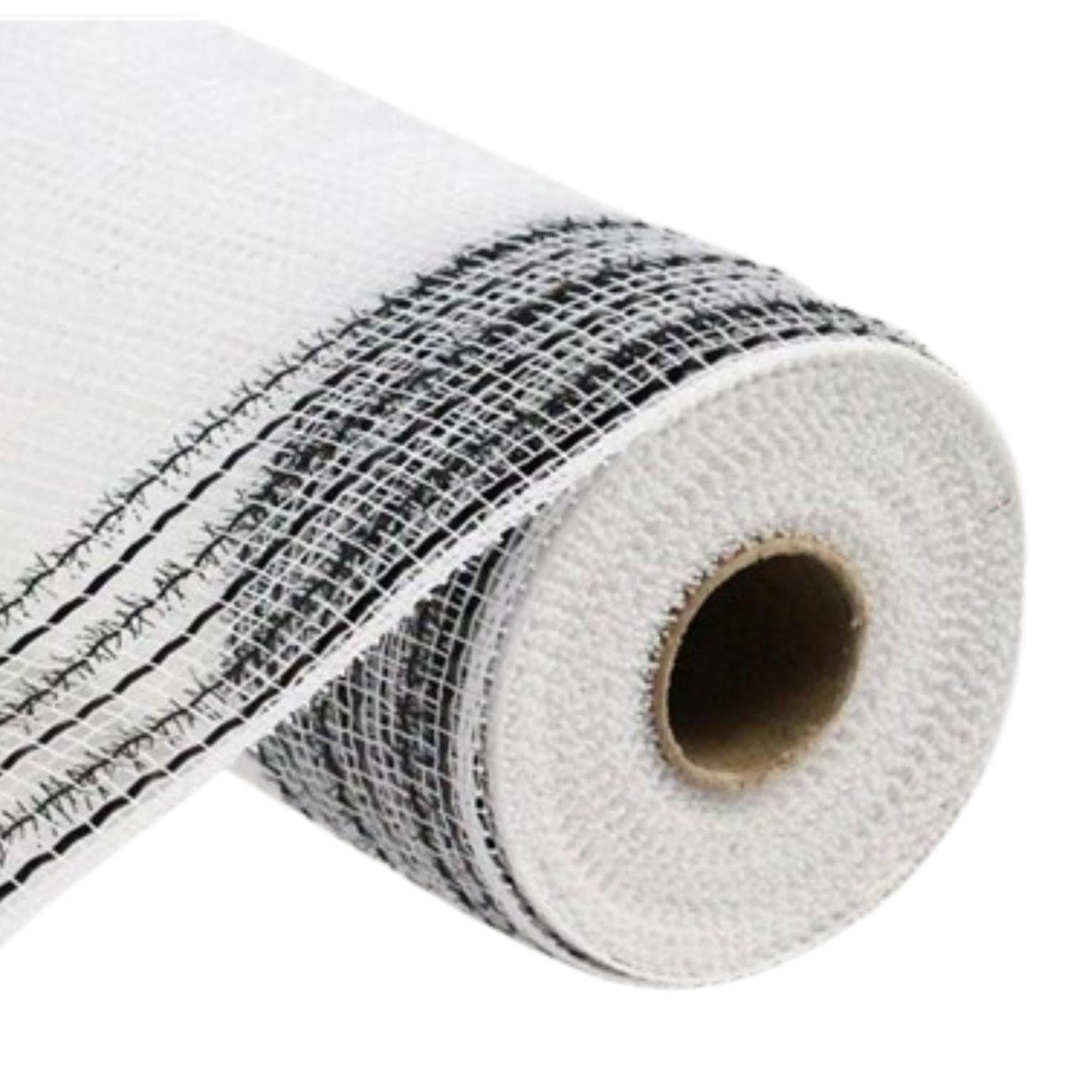 10.5" Border Stripe Tinsel Mesh Ribbon: White/Black (10 Yards)