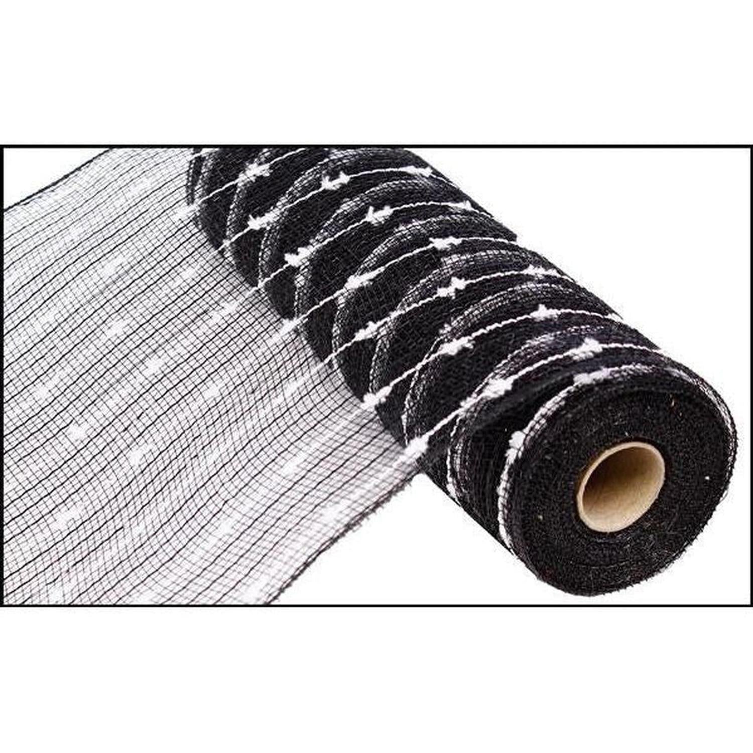 10.5" Metallic Cotton Ball Mesh Ribbon: Black/White (10 Yards)