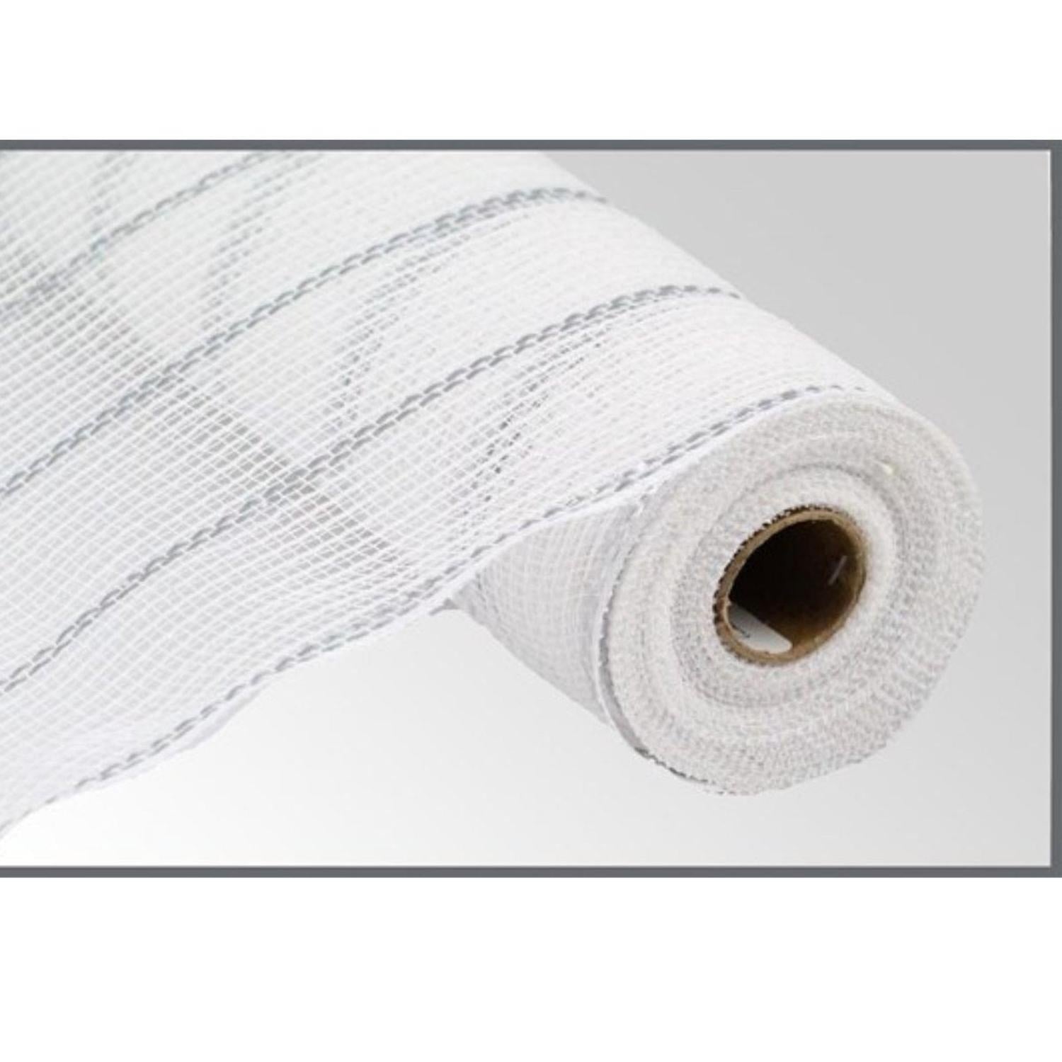 10.5" Poly Jute Matte Metallic Mesh Ribbon: White/Silver (10 Yards)