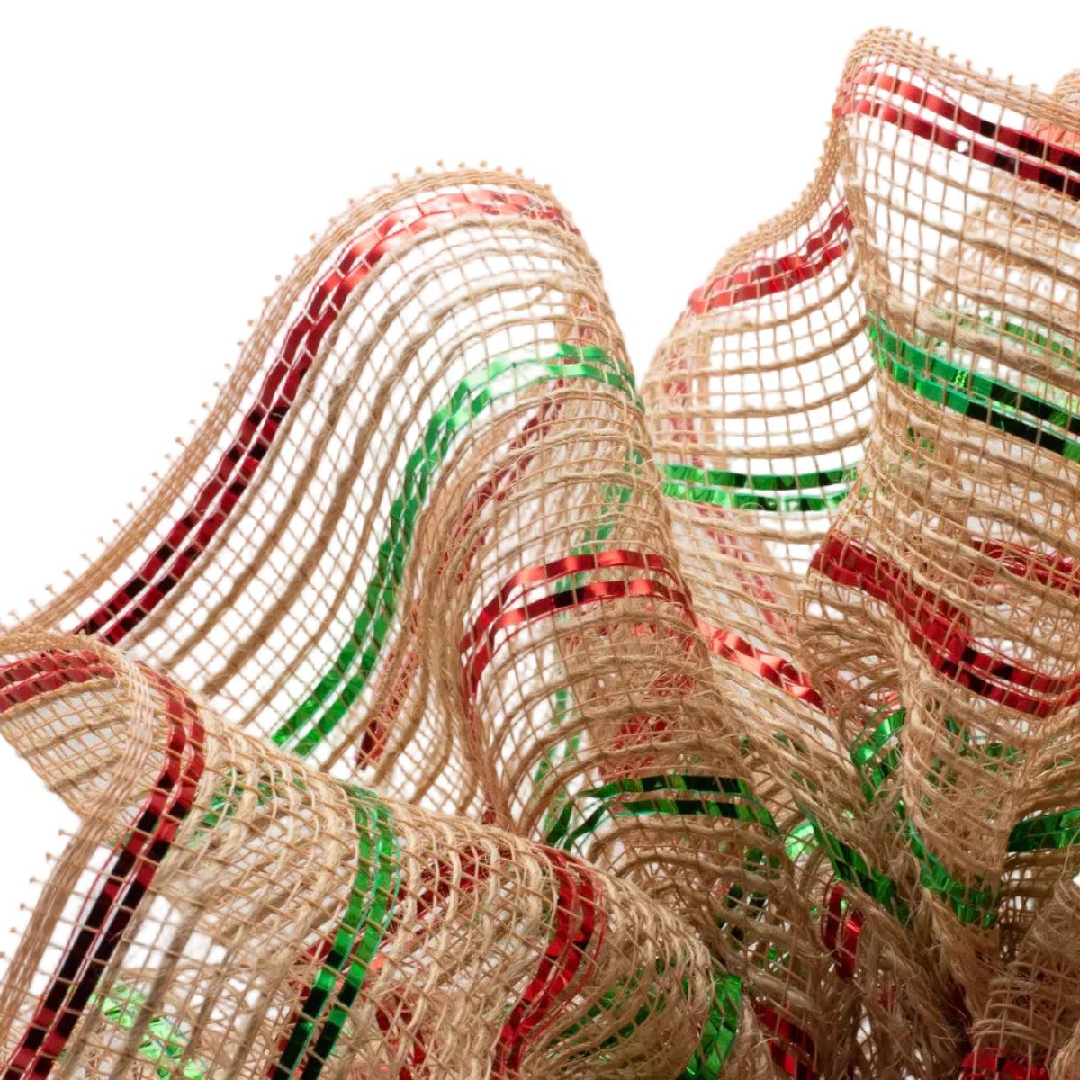 Shop For 10in Poly Jute Metallic Stripe Mesh: Natural/Emerald/Red (10 Yards)