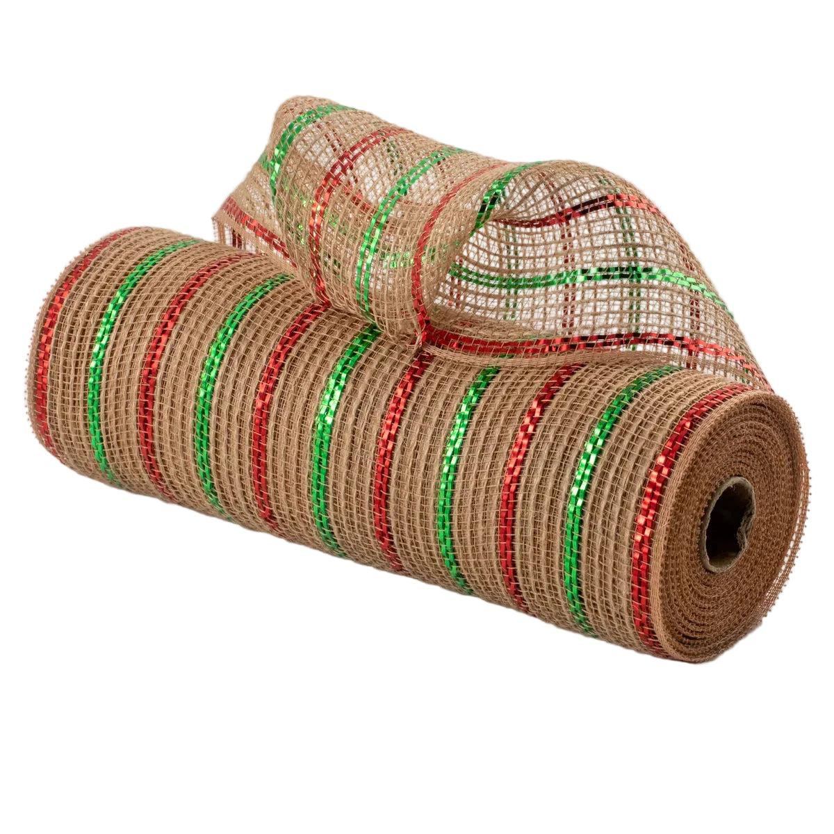 Shop For 10in Poly Jute Metallic Stripe Mesh: Natural/Emerald/Red (10 Yards)