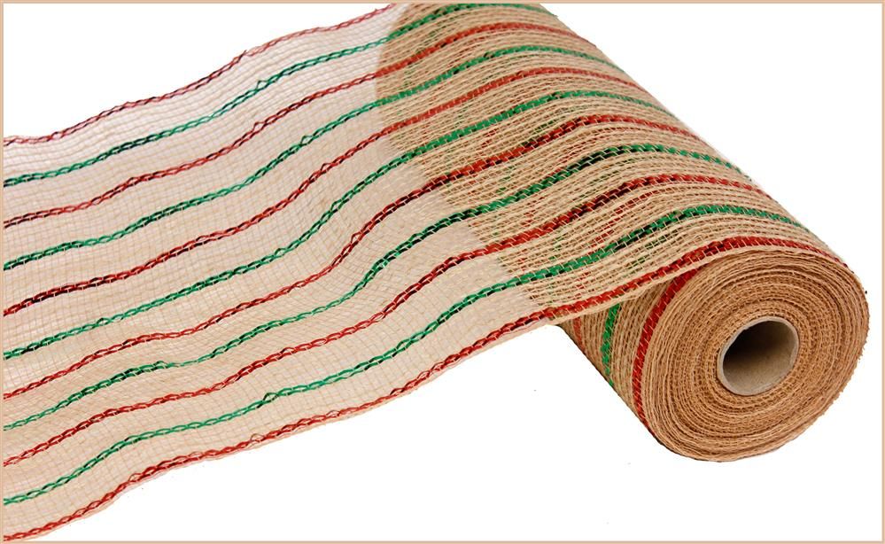 Shop For 10in Poly Jute Metallic Stripe Mesh: Natural/Emerald/Red (10 Yards)