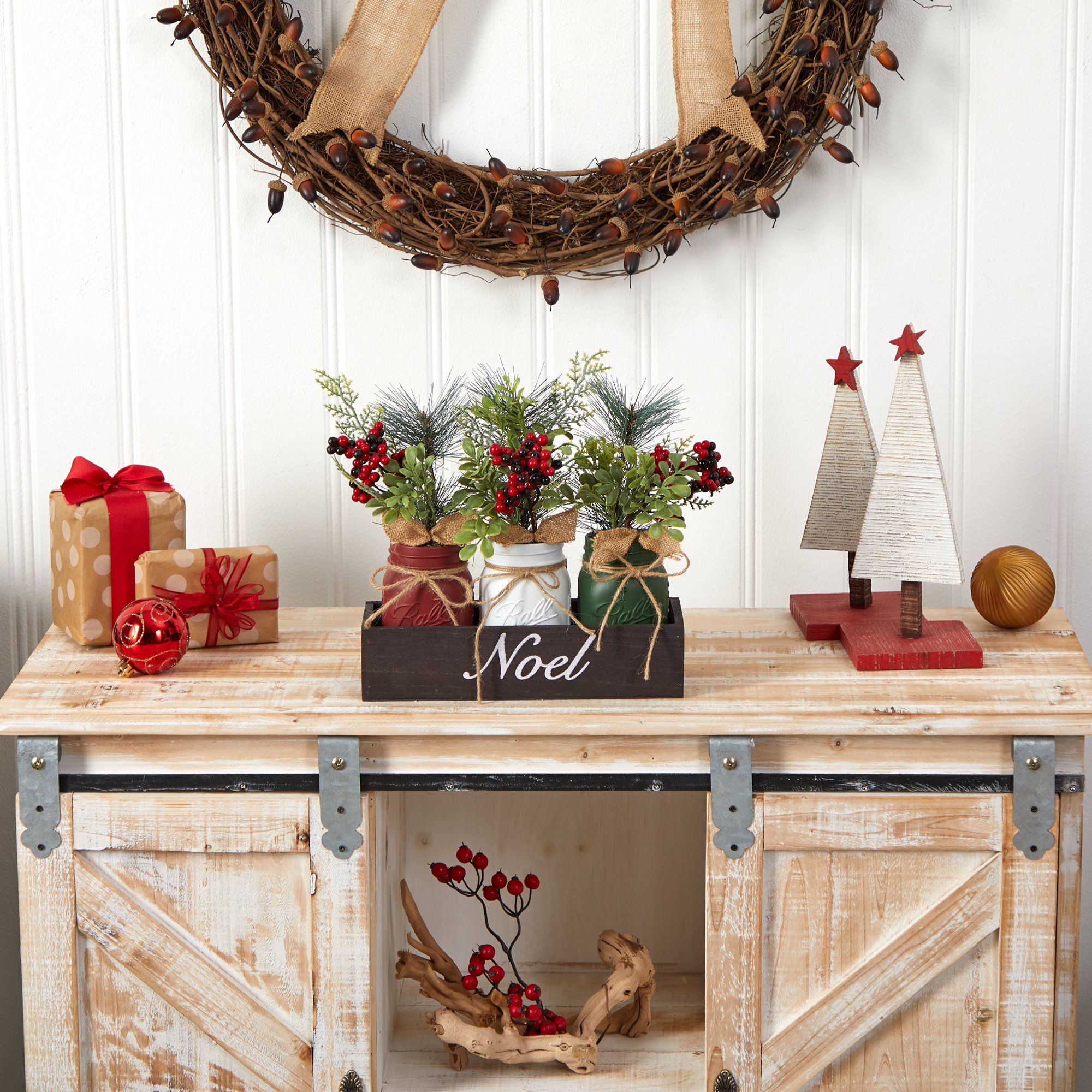 Shop For 12” Holiday Winter Three Piece Mason Jar Arrangement