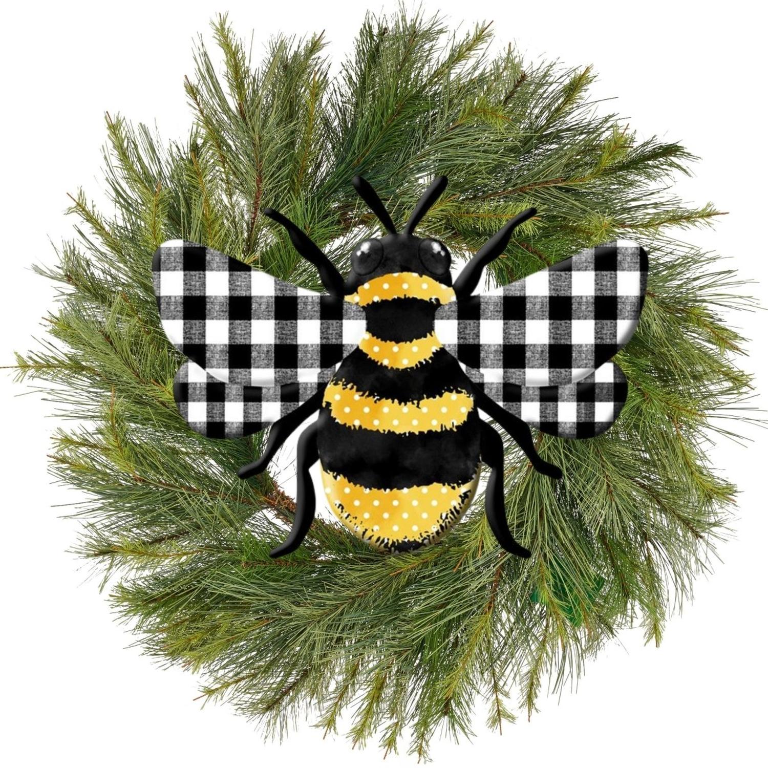 12" Metal Embossed Bee Hanger: Plaid Check