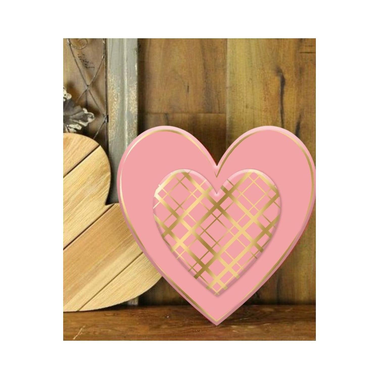12" Metal Embossed Heart Hanger: Pink/Gold Plaid
