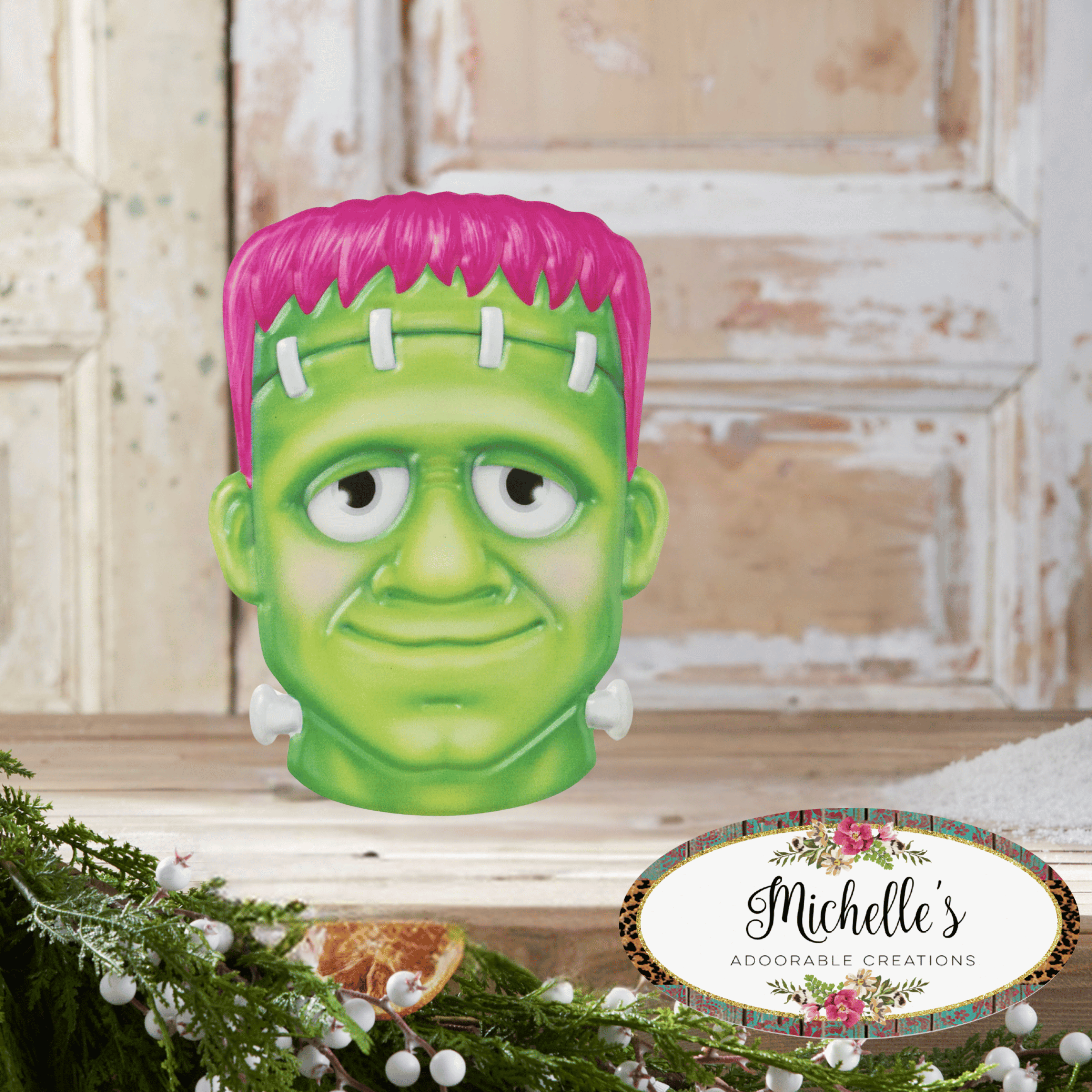 Shop For 12" Metal Embossed Sign: Frankenstein (Pink)