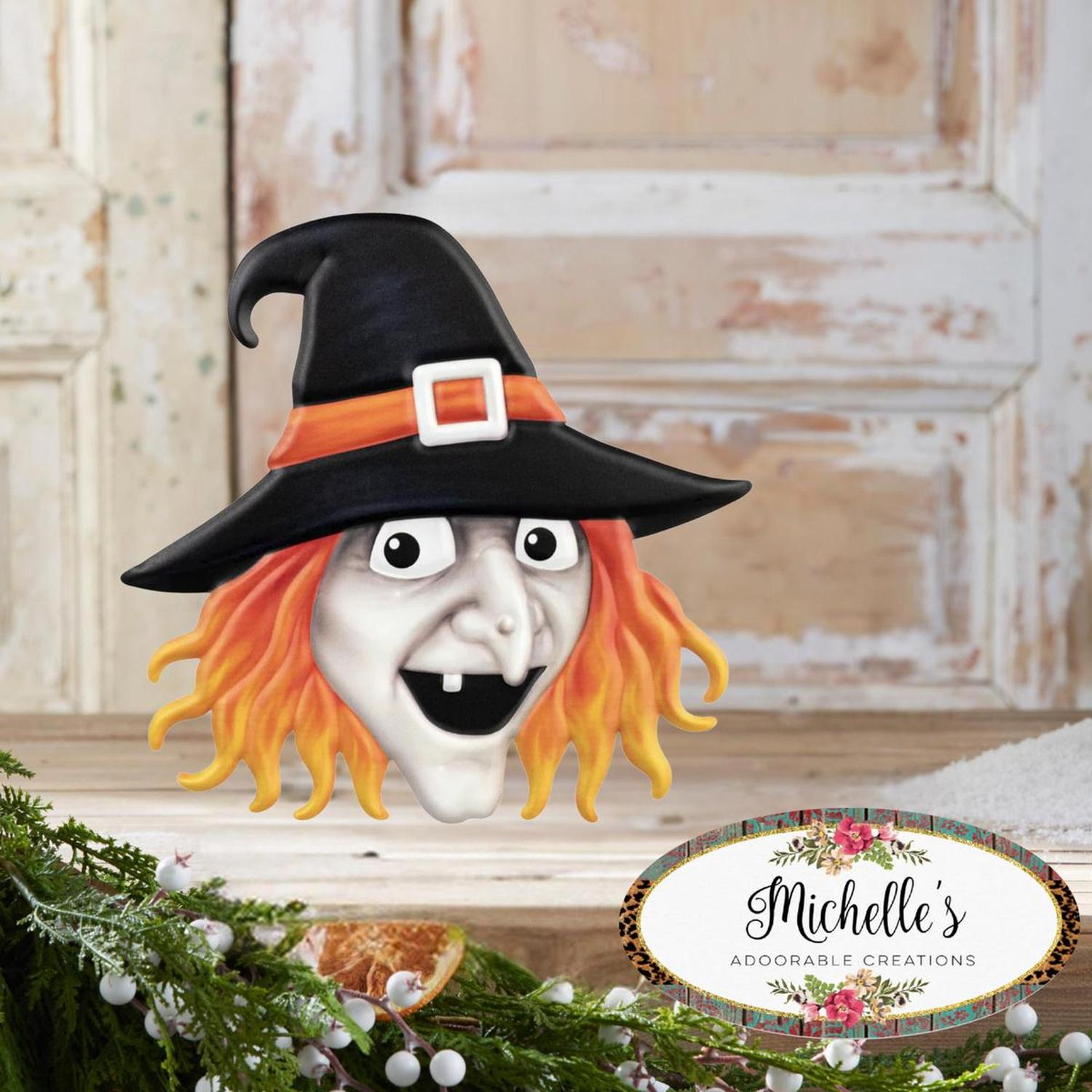 12" Metal Embossed Sign: Witch Head (Grey)