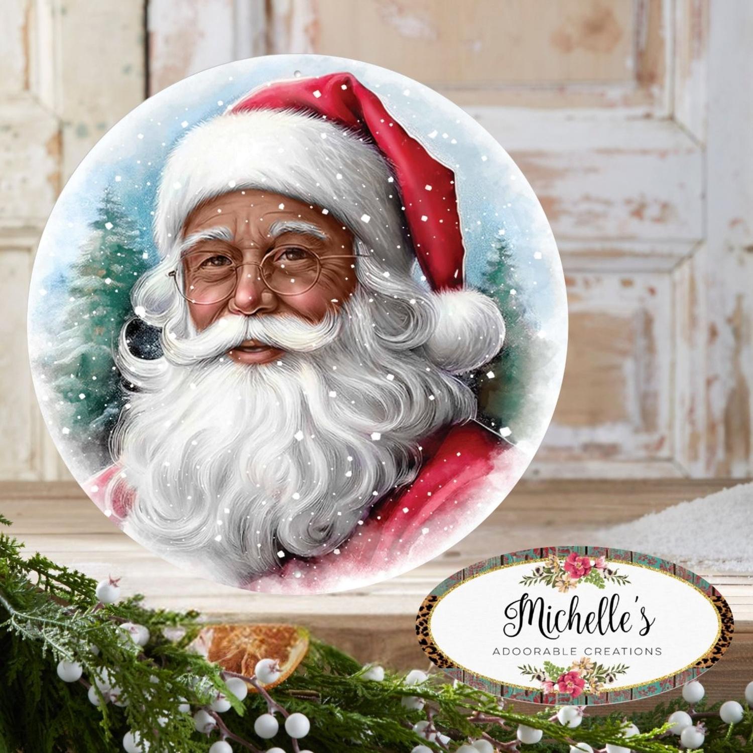 12" Metal Round Sign: Dark Skin Santa Portrait