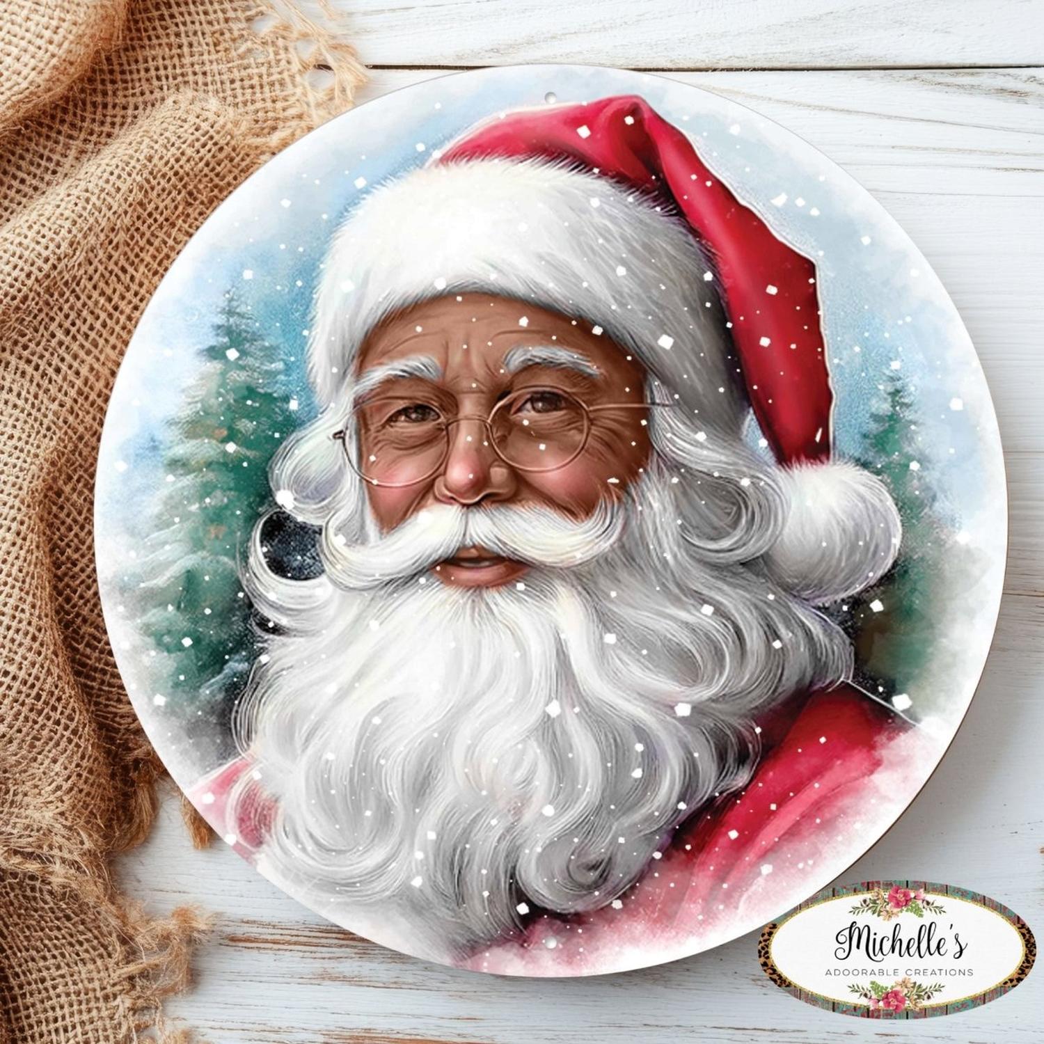 12" Metal Round Sign: Dark Skin Santa Portrait
