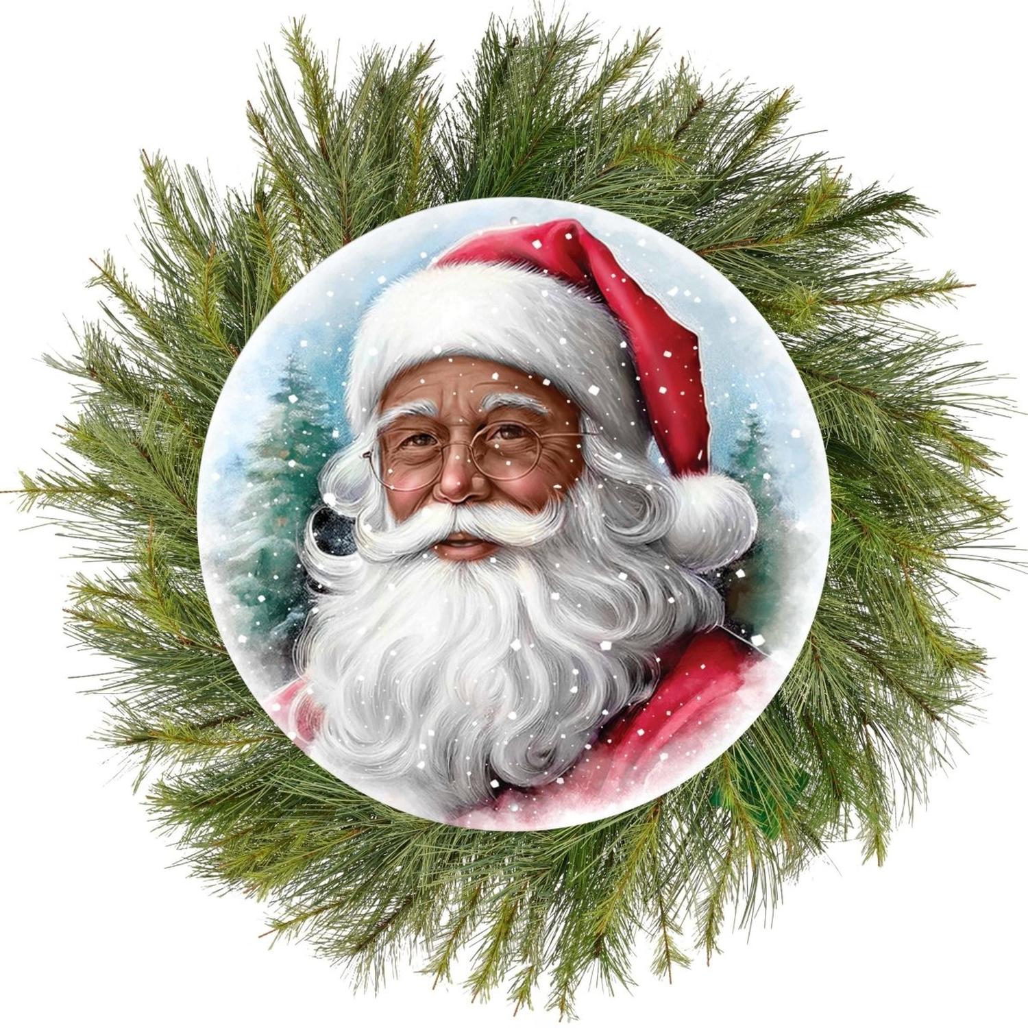12" Metal Round Sign: Dark Skin Santa Portrait