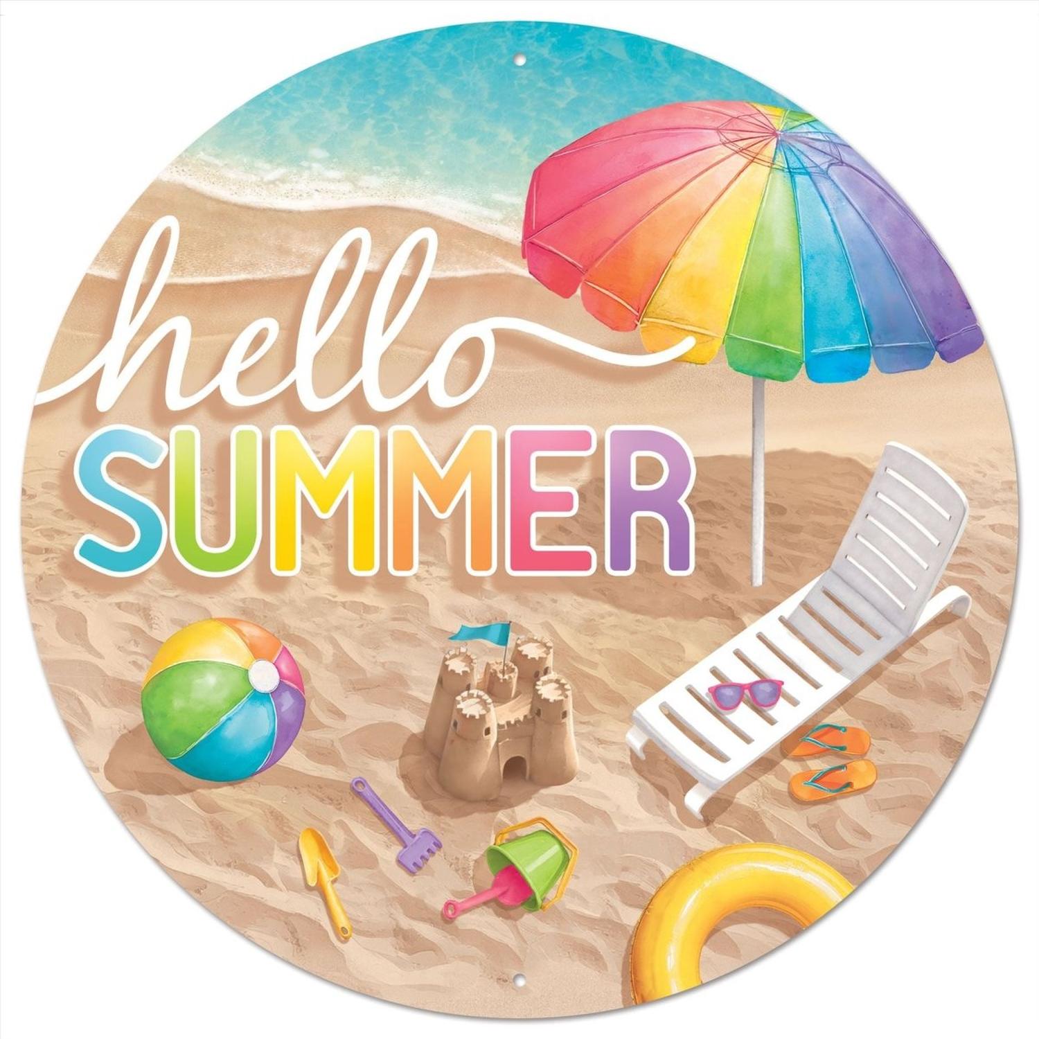 12" Metal Round Sign: Hello Summer Beach