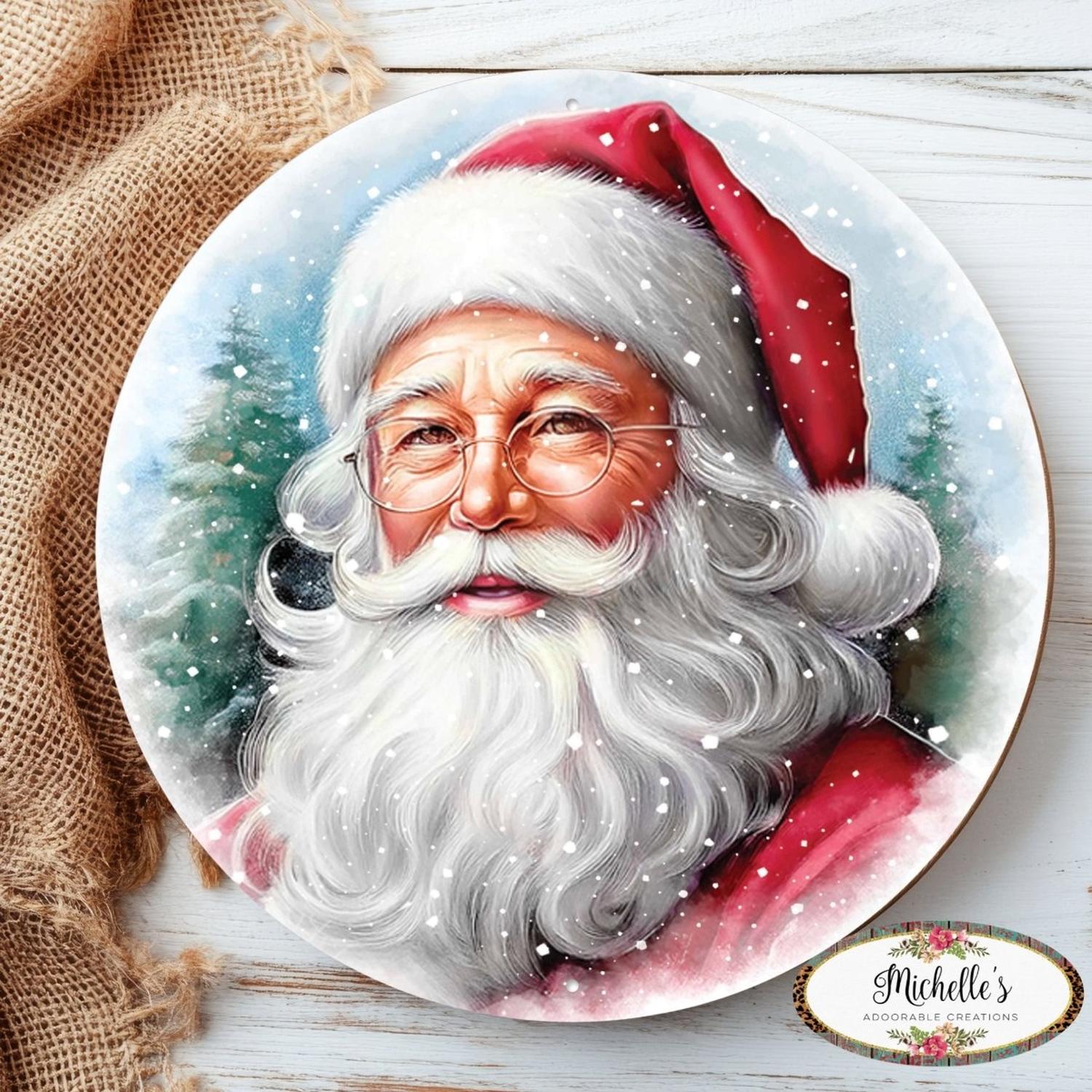 12" Metal Round Sign: Santa Portrait