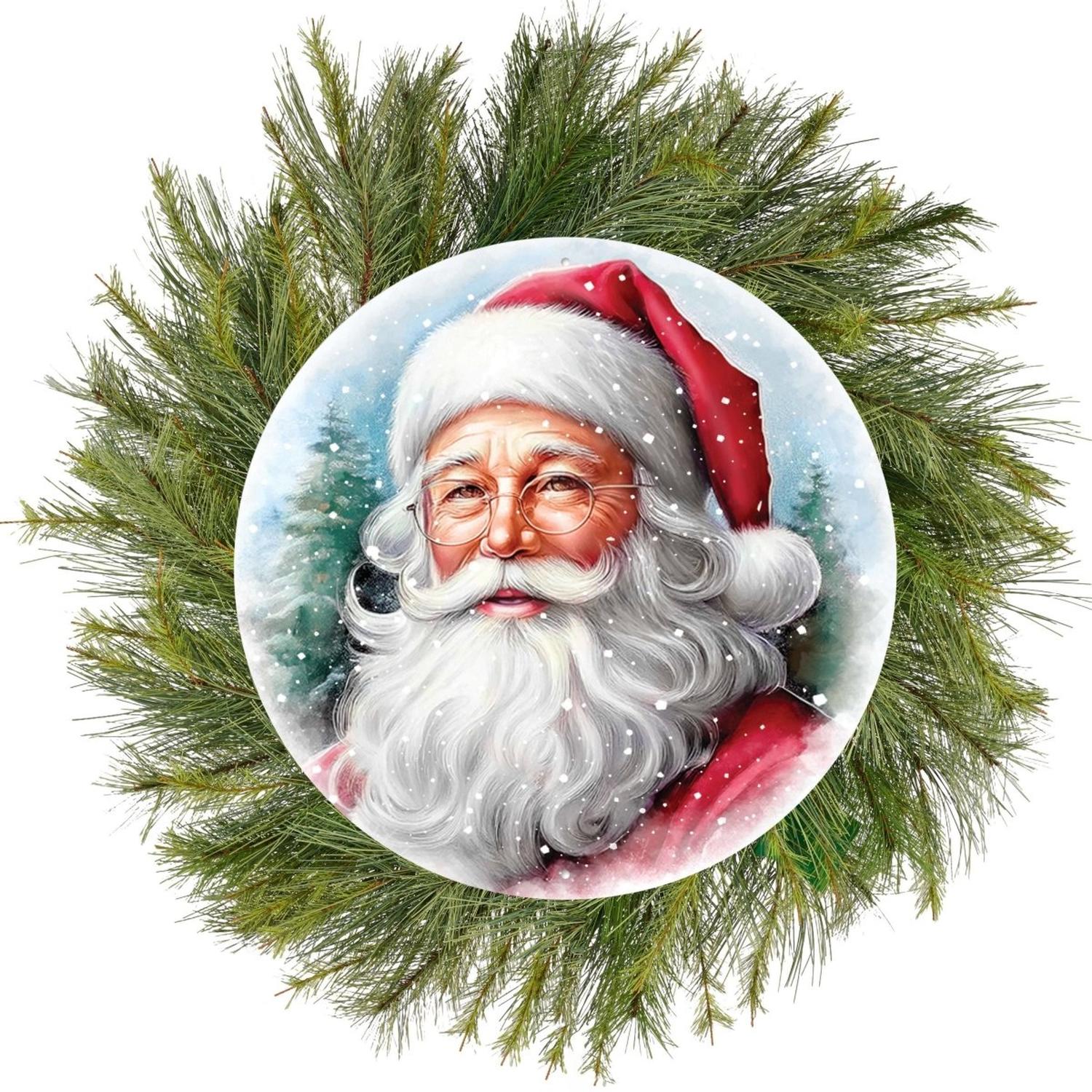 12" Metal Round Sign: Santa Portrait