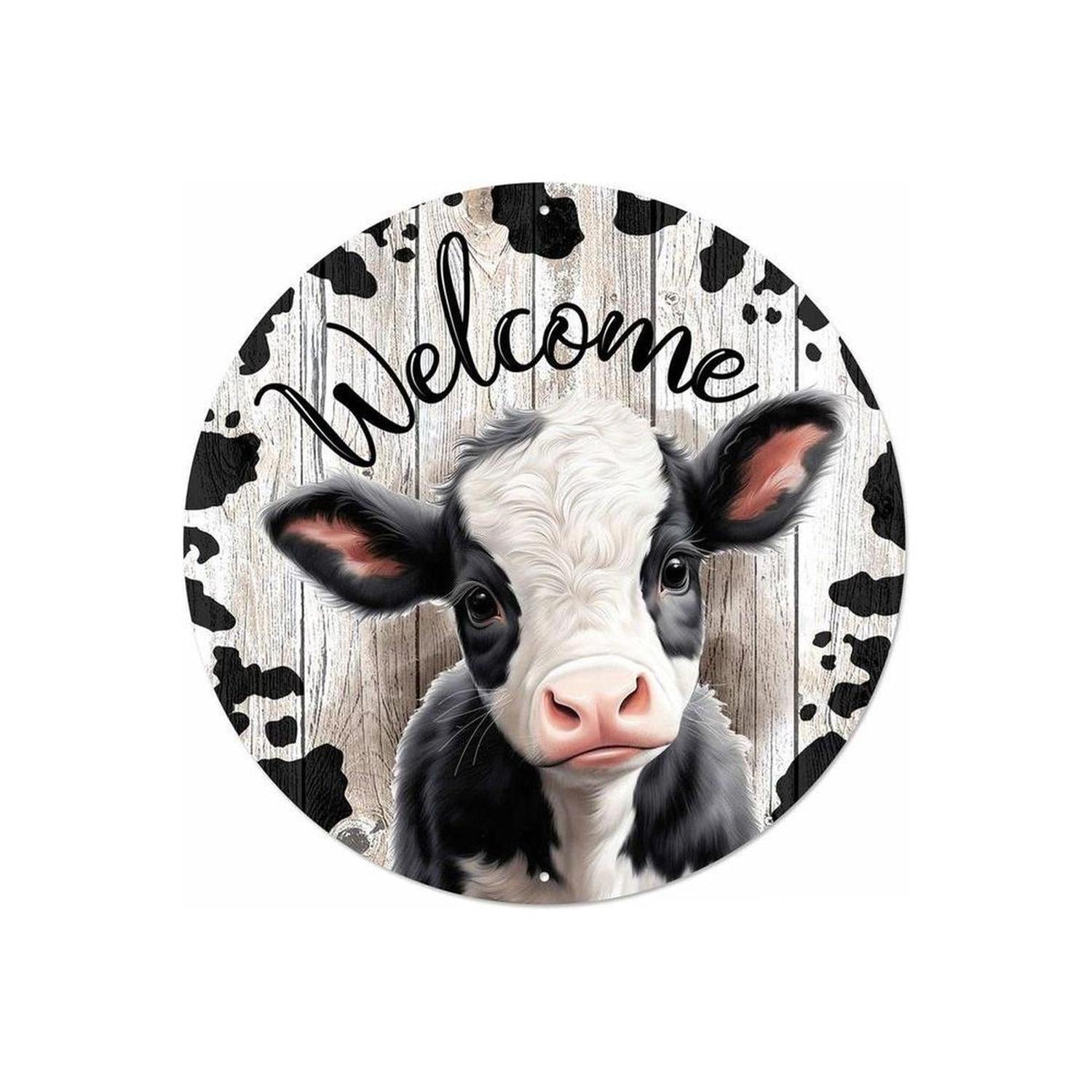 12" Metal Round Sign: Welcome Black Calf