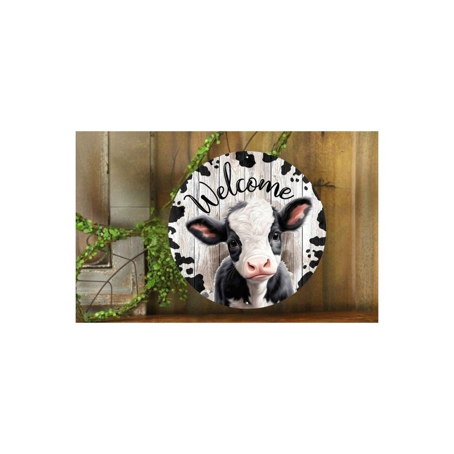 12" Metal Round Sign: Welcome Black Calf