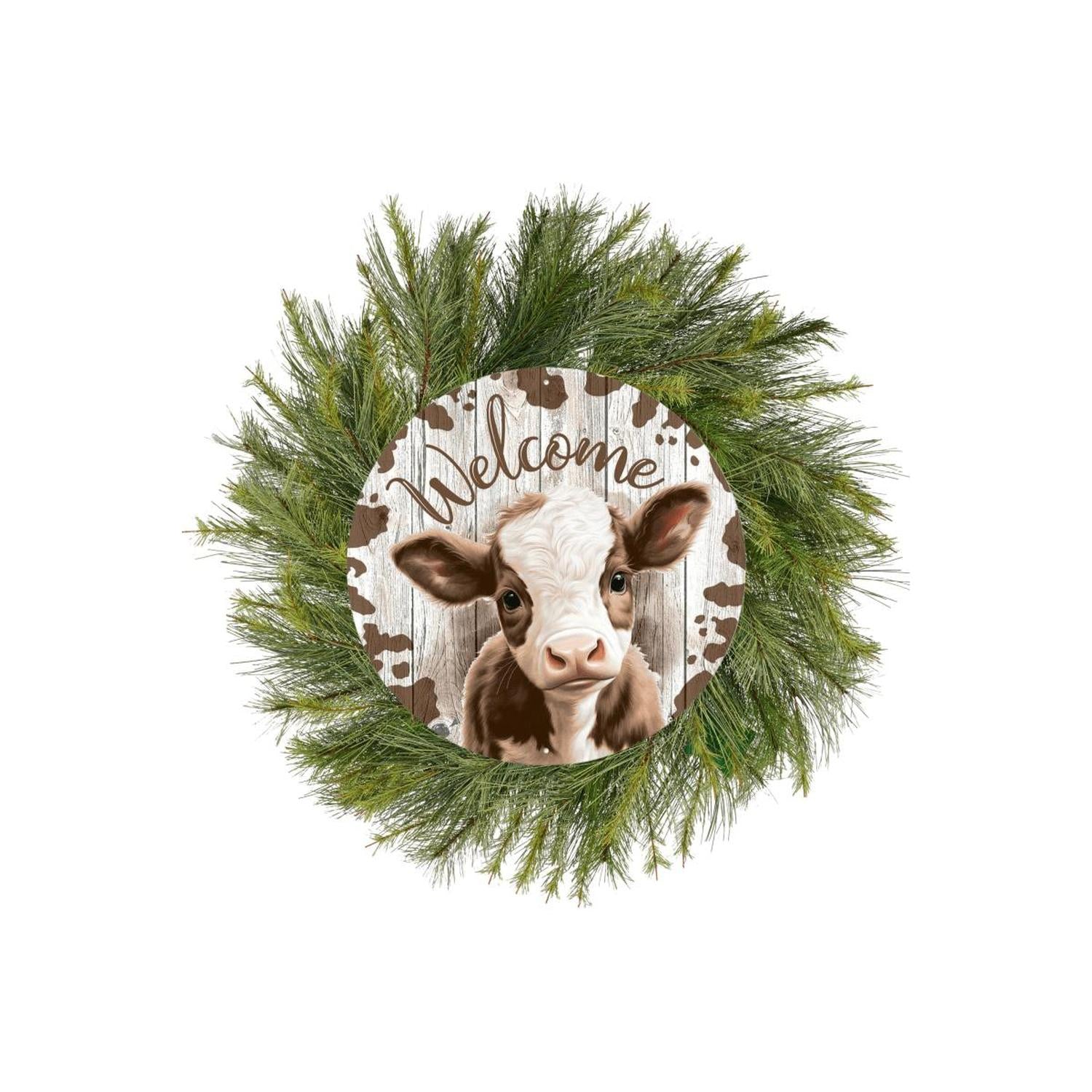 12" Metal Round Sign: Welcome Brown Calf