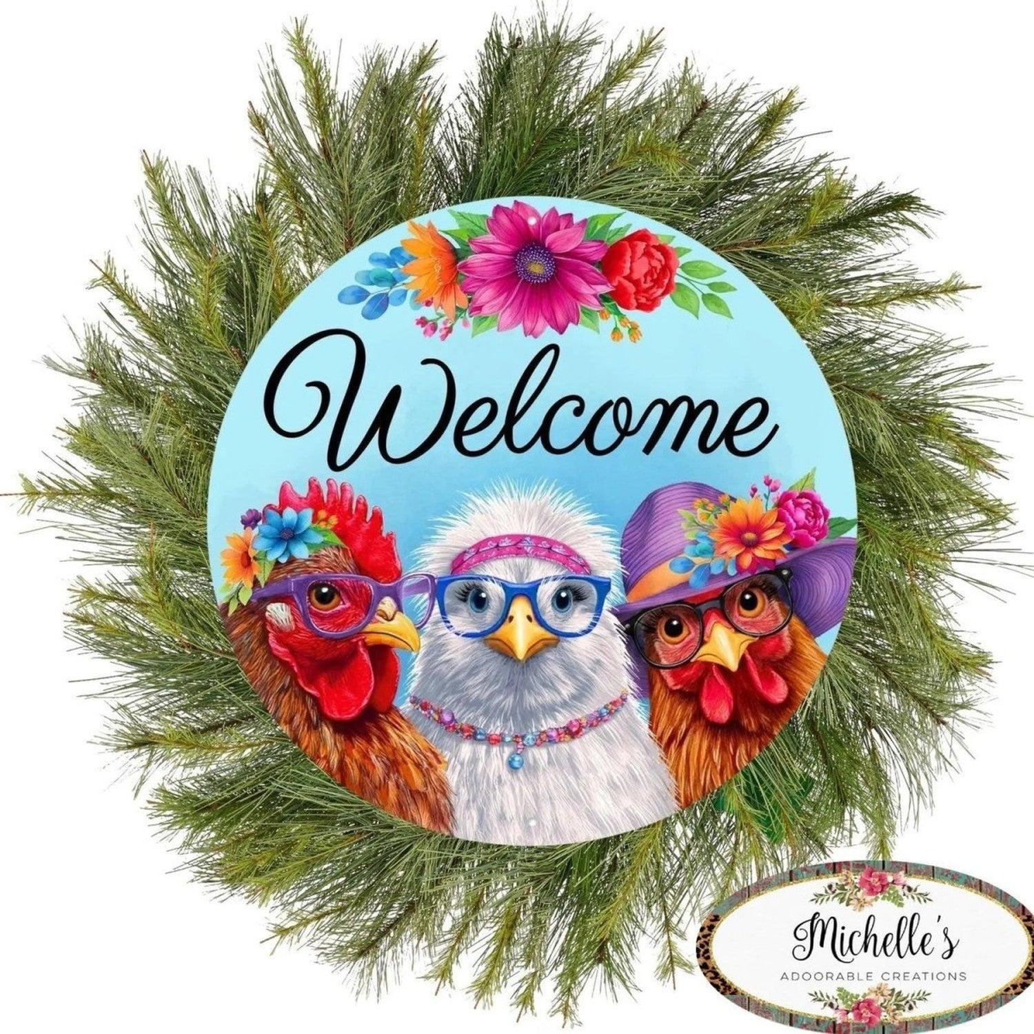 Shop For 12" Metal Round Sign: Welcome with Chickens