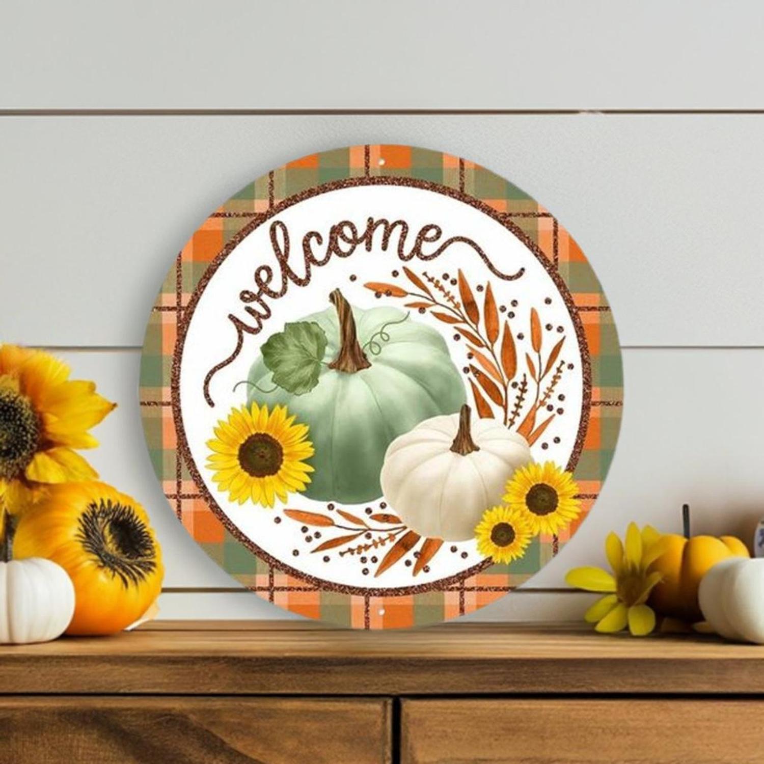 12" Metal Sign: Glitter Welcome Pumpkins Sage