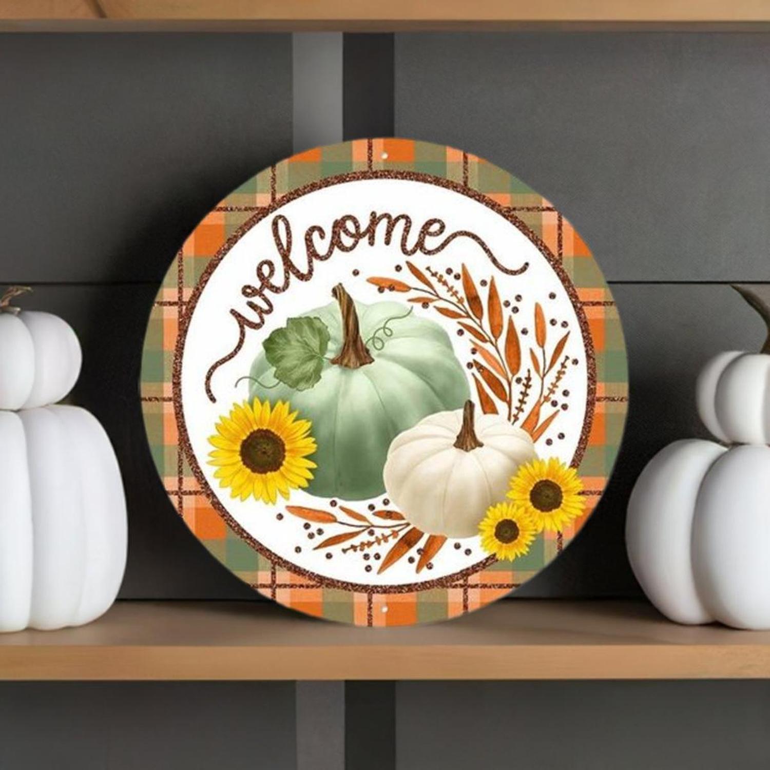 12" Metal Sign: Glitter Welcome Pumpkins Sage