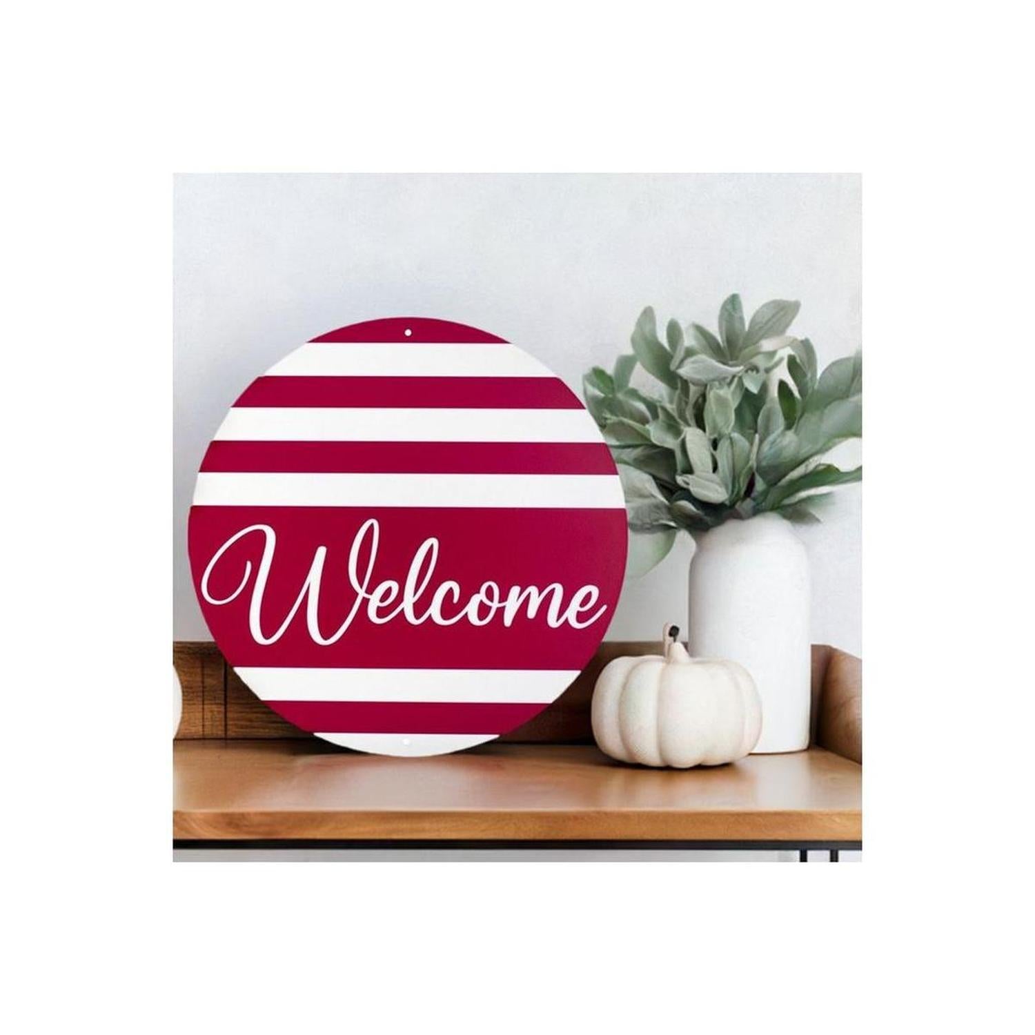 Shop For 12" Metal Sign: Welcome Red Stripes at Michelle's aDOORable Creations