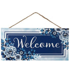 12" Welcome Blue Floral MDF Wood Sign
